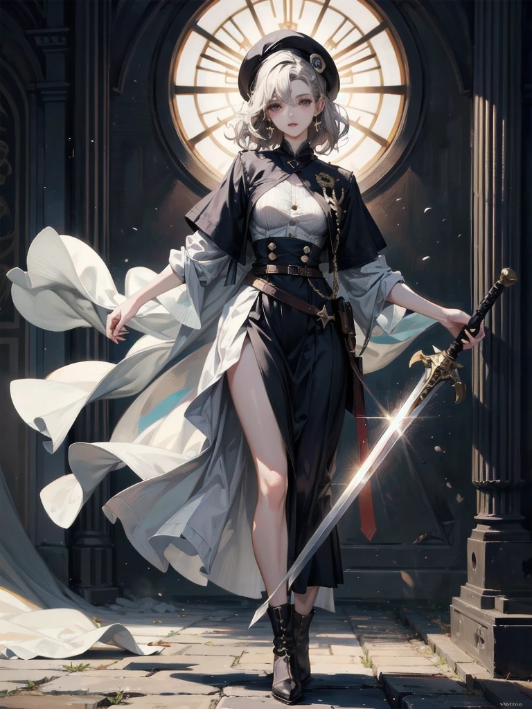 whole body, super model, perfect shape, beret, skirt, uniform, holding a sword, absurdres, RAW photo, extremely delicate and beautiful, masterpiece, Best Quality, ultra high resolution, 32k, hyperrealistic, ultra-detailed, perfect figure, detailed description, pale skin, 20 years old, detailed beautiful face and eyes, tearful mole, earring, short medium hair, wavy hair, 