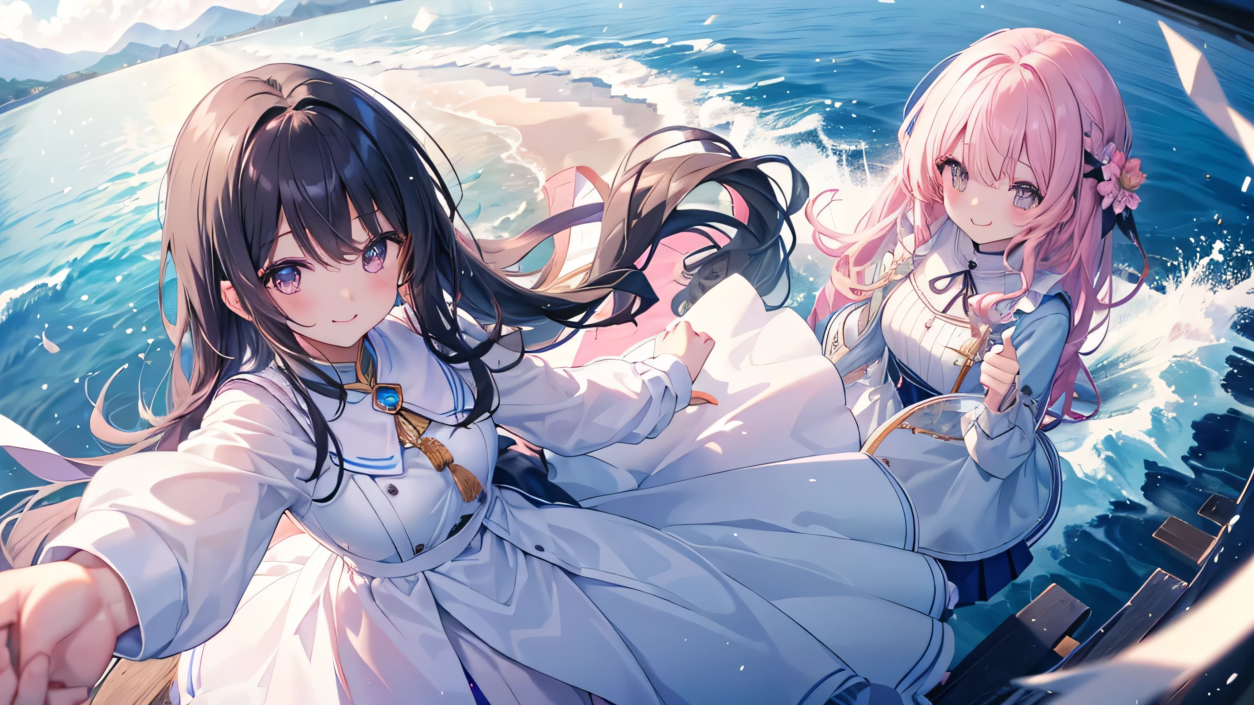 high school girl,(Highest quality、masterpiece、Super fine、Super fine、Exquisite、16k、Full HD) 、((Big Move,happy,fun))mysterious、(((Angle viewed from above))),Black Hair,Soft sunlight、((Clear skies)) 、smile、(Full of energy)Black Eyes、Long eyelashes、White skin、Pale pink lips、Pale pink cheeks、thin and long)、 ((cute)) ((one person)), ((Best smile)),