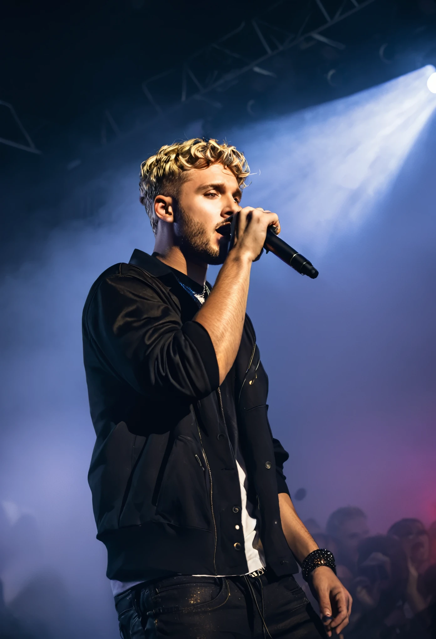masterpiece, photographic art, photorealistic, precise focus, brilliant details, half-body picture, man, striking face, blond wavy short hair, short beard, european guy, rapper, performing on stage, stage light, band, audience, fog, backlight, colorful light