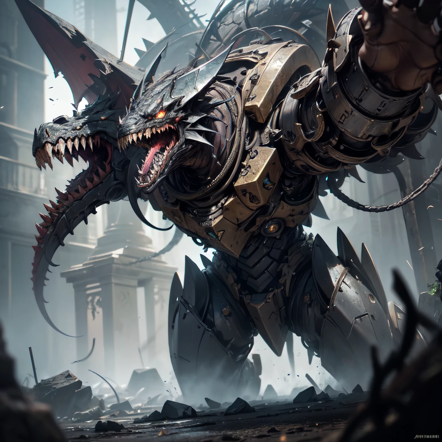 A next-gen Transformers dragon, highly detailed, sci-fi, Mining Shield Aegis Platinum Robot, steampunk automaton, dark mechanisms, Aberrant Flail Weapon, nightmarish creation, ready for action, grotesque monstrosity, twisted tentacles, sharp tusked teeth, projecting lethal blades, adorned with manic eyes, stitched human arms, writhing serpents, chained but displaying madness and insanity, disturbing glowing eyes, damp stone walls, oppressive silence, cursed relic, unleash destruction, concept art, cinematic lighting, epic dramatic, 8K, photorealistic, hyper detailed