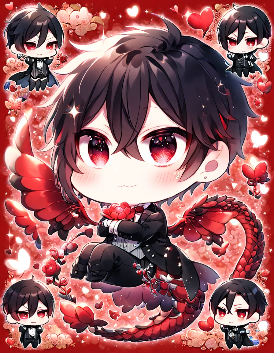 Ultra detailed, Highres, absurdres, HDR, Sebastian Michaelis chibi, black hair, expressive red eyes, black butler clothes with patterns, Kuroshitsuji, fantasy, glittering red butterflies, petals, handsome, man, very detailed eyes and face, master piece, Black Butler, glittering, red ruby lotus, red ruby background, hugging a red dragon, cute, love, magical,