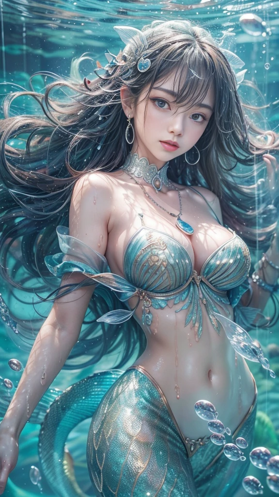 (RAW shooting, 32k, highest quality, masterpiece, Ultra-high resolution), (Under the sea at night:1.0, moonlight:0.7, Mysterious underwater world:1.3, Expressions of sadness:1.0), Fractal Art:1.2, Perfect dynamic composition:1.2, 非常にdetailedな肌と顔の質感:1.2, (View the subject from a distance:1.4, Dynamic flow of water waves:1.0, Slim mermaid figure, Mermaid tail), Fair skin, Incredibly slim body, Very beautiful face, Water droplets on the skin, detailed, Rain drips down on my body, Wet body, Wet Hair, (Swimming Pro:1.0, Gorgeous silver shiny mermaid dress portrait:1.0), Shapely breasts, Big eyes that exude beauty, Beautiful big lips, Very sweet atmosphere, necklace, Earrings, bracelet, Coral Reef, Contrast of Marine Life