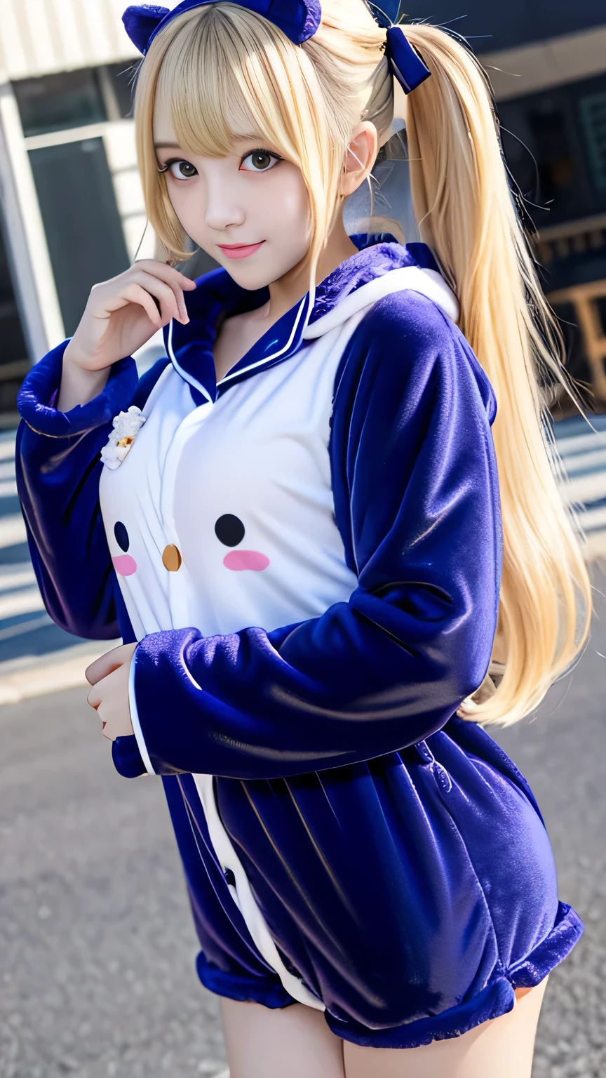 Kigurumi Costume Pajamas、Sexy Big 、A cute -yeld giwith a sexy and cute look, beautiful and sexy face、A strong wind blows my hair in front of my face、With straight blonde hair、beautiful, Cute and sexy eyes hidden behind long bangs、Costume pajamas