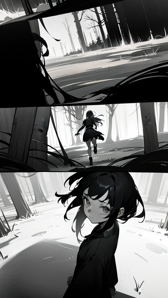 Black and white comics, monochrome mode, segmentation, comics page, dialog bubble box,   Comic grid segmentation
 An 18-year-old girl with black hair and a black dress,   forest 
She walked for hours，Get lost in the beauty and mystery of this place。