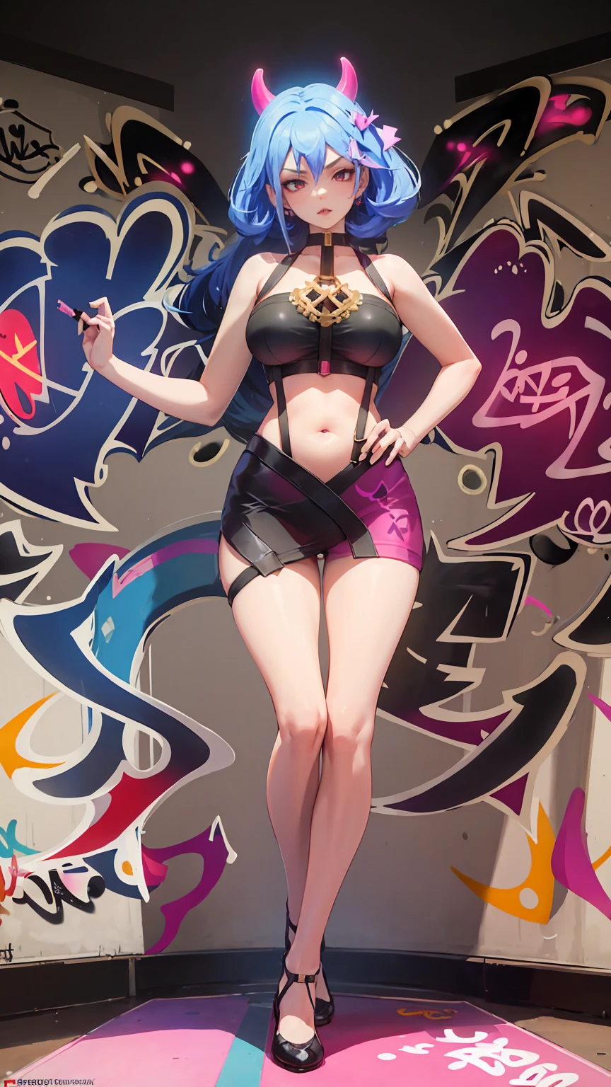 vera|Arena of Valor, masterpiece, best quality, 1 Girl,25 years old, It has devil wings on its back..............., proportional body,proportional., Crop Top, Huge breasts, ,only, Crop Top, (Graffiti:1.5), Splash with purple lightning pattern., Arms behind your back, Against the wall, View from the front., Thigh straps, Head tilt, boring,(Very slim figure:1.3),Huge breasts:1.4 Huge breasts:1.4，Full, straight breasts，Showing cleavage，Nipple protrusion，Belly button plump breasts, Large Breasts, Slender sexy legs, Very beautiful legs translucent black pantyhose thigh suspenders