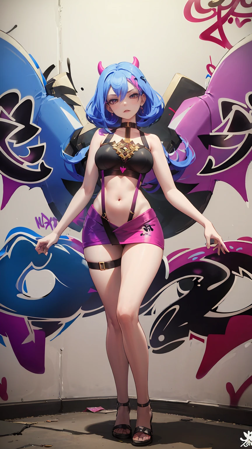 vera|Arena of Valor, masterpiece, best quality, 1 Girl,25 years old, It has devil wings on its back..............., proportional body,proportional., Crop Top, Huge breasts, ,only, Crop Top, (Graffiti:1.5), Splash with purple lightning pattern., Arms behind your back, Against the wall, View from the front., Thigh straps, Head tilt, boring,(Very slim figure:1.3),Huge breasts:1.4 Huge breasts:1.4，Full, straight breasts，Showing cleavage，Nipple protrusion，Belly button plump breasts, Large Breasts, Slender sexy legs, Very beautiful legs translucent black pantyhose thigh suspenders