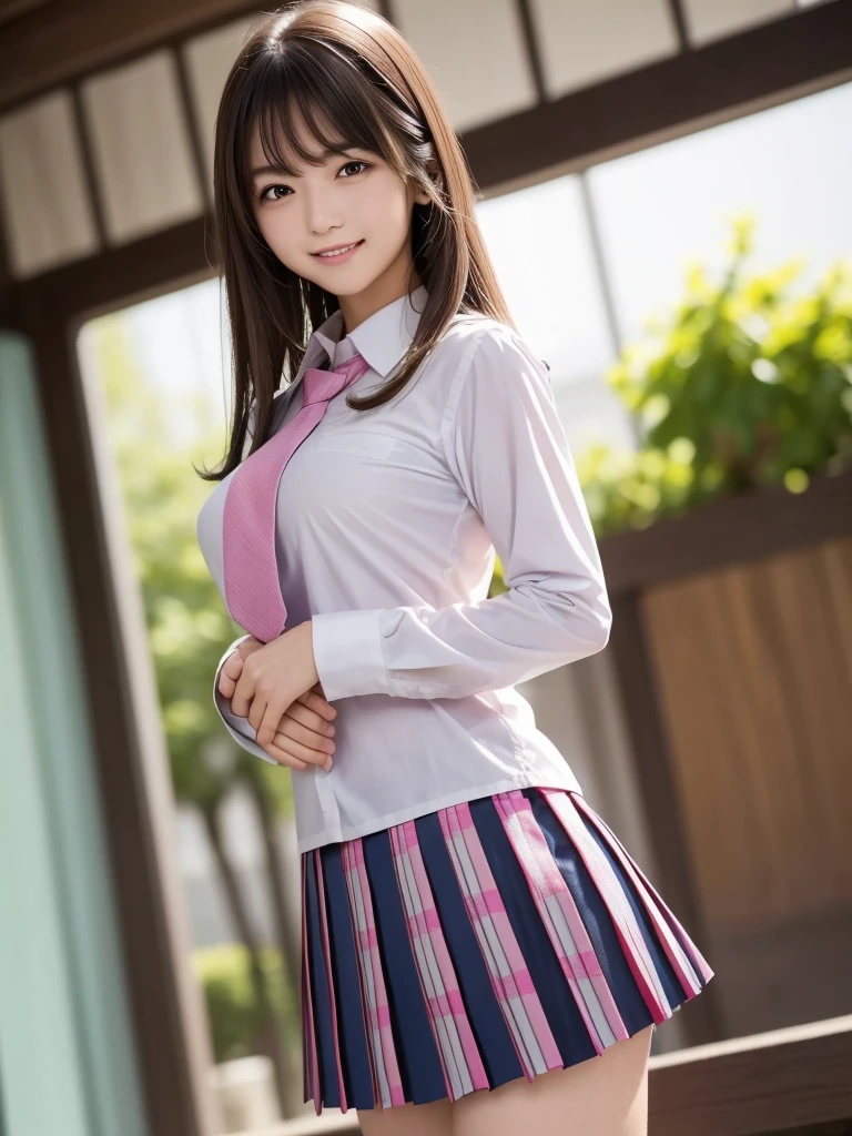 8K, highest quality, The real picture, Intricate details, Very detailed, Ultra-high resolution, Depth Field,(Realistic,Realistic:1.2),Tabletop , (Full Body Shot) , From the middle , 1 girl, eye_Chan, Very beautiful 17 year old girl, innocent big eyes,、Beautiful breasts:1.5、非常に詳細なeye:1.2)、(Beautiful breasts:1.1)、((Brown Hair))、(Semi-long hair), Asymmetrical bangs, Perfect Skin, Fair skin, Small breasts, Tight waist, alone, Staring at the audience, (smile)、((School_uniform), (White shirt、Wear a tie), (Blue and pink checkered pleated micro mini skirt), ((Fold your arms in front of your chest and act arrogantly)), ((楽しそうなsmile)), ((Perfect hand shape))