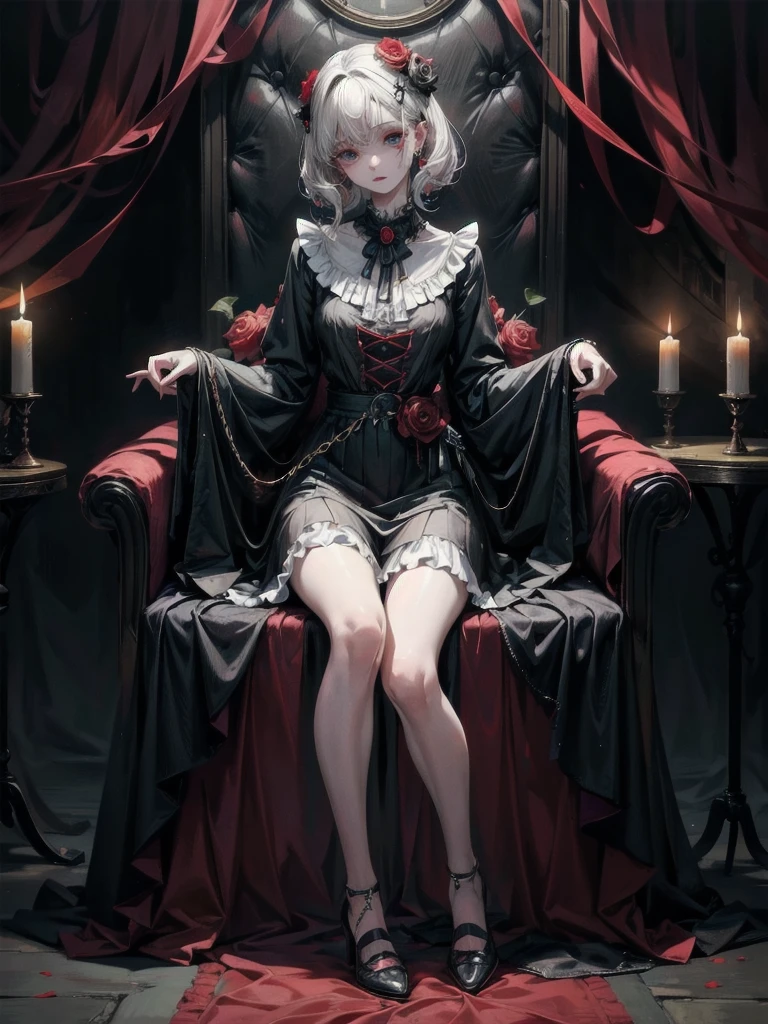 whole body, skirt, shirt, long sleeves, frills, shoes, red and black, flower, creepy, horror, skulls, candle, hair flower, solo, hair ornament, bone, sitting, doll, skull, skeleton, horror theme, absurdres, RAW photo, extremely delicate and beautiful, masterpiece, Best Quality, ultra high resolution, 32k, hyperrealistic, ultra-detailed, perfect figure, detailed description, pale skin, 20 years old, detailed beautiful face and eyes, tearful mole, earring, short medium hair, wavy hair, 