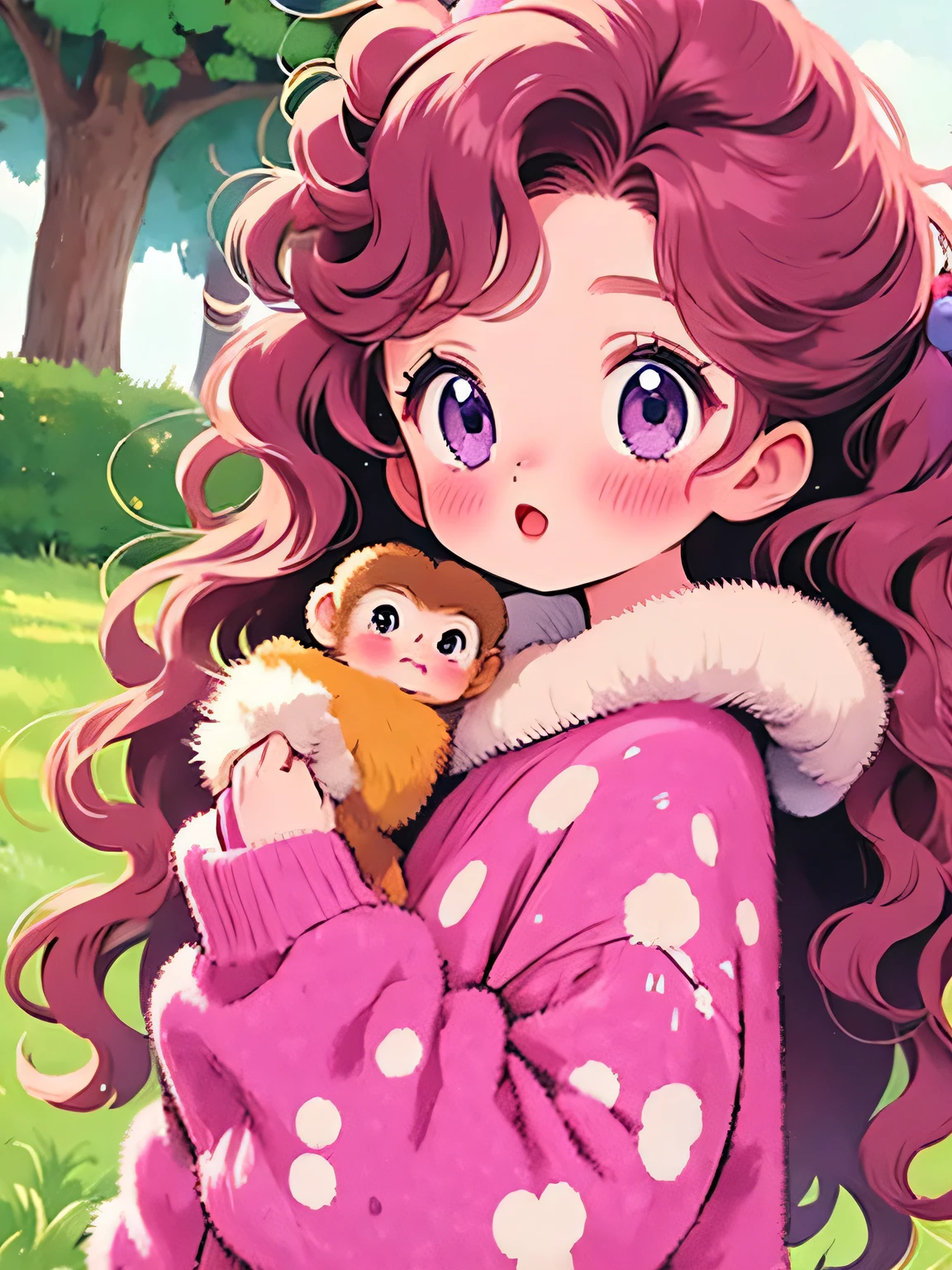 Momoko Sakura style, Kawaii Design, The most beautiful girl of all time、Chibi, monkey, playing、monkey Forest