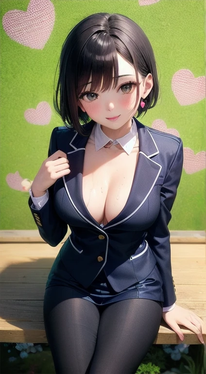 1 Girl, blush, cosmetics, Blue Uniforms, whole body, Wide Angle, from above, garden,Light, glow, thigh , clavicle, Willow Waist, (On the table), wallpaper,Wet、Micro bra that can be seen through clothes、Black short hair,Smile,greet,Hairpin,low collar,ditch,(((,pray))),Under the cherry trees,Heart-shaped neckline,Chest dew,Lend a helping hand,Uniforms,Suits,Black suit