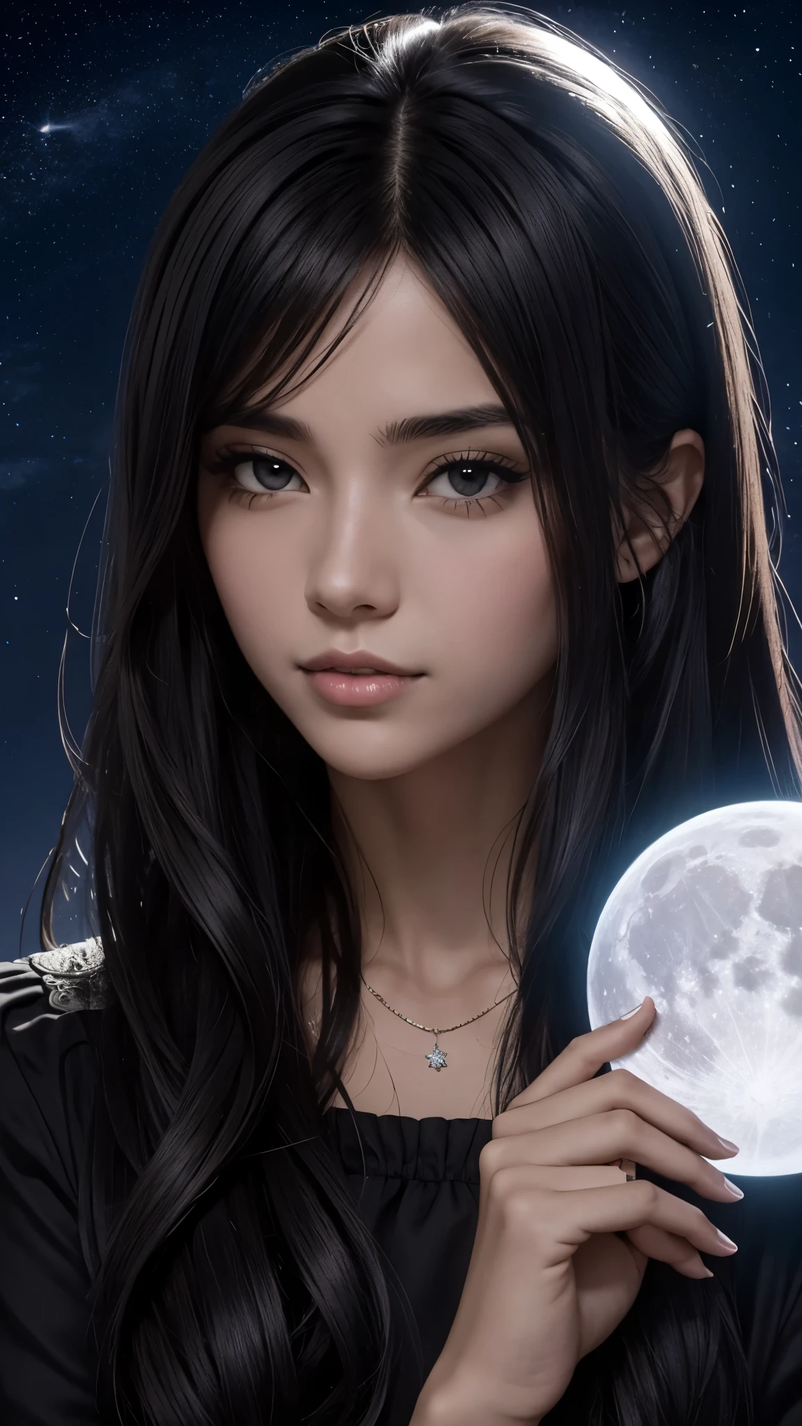 Luna llena con cielo estrellado con una mujer guapa de pelo negro con una vela