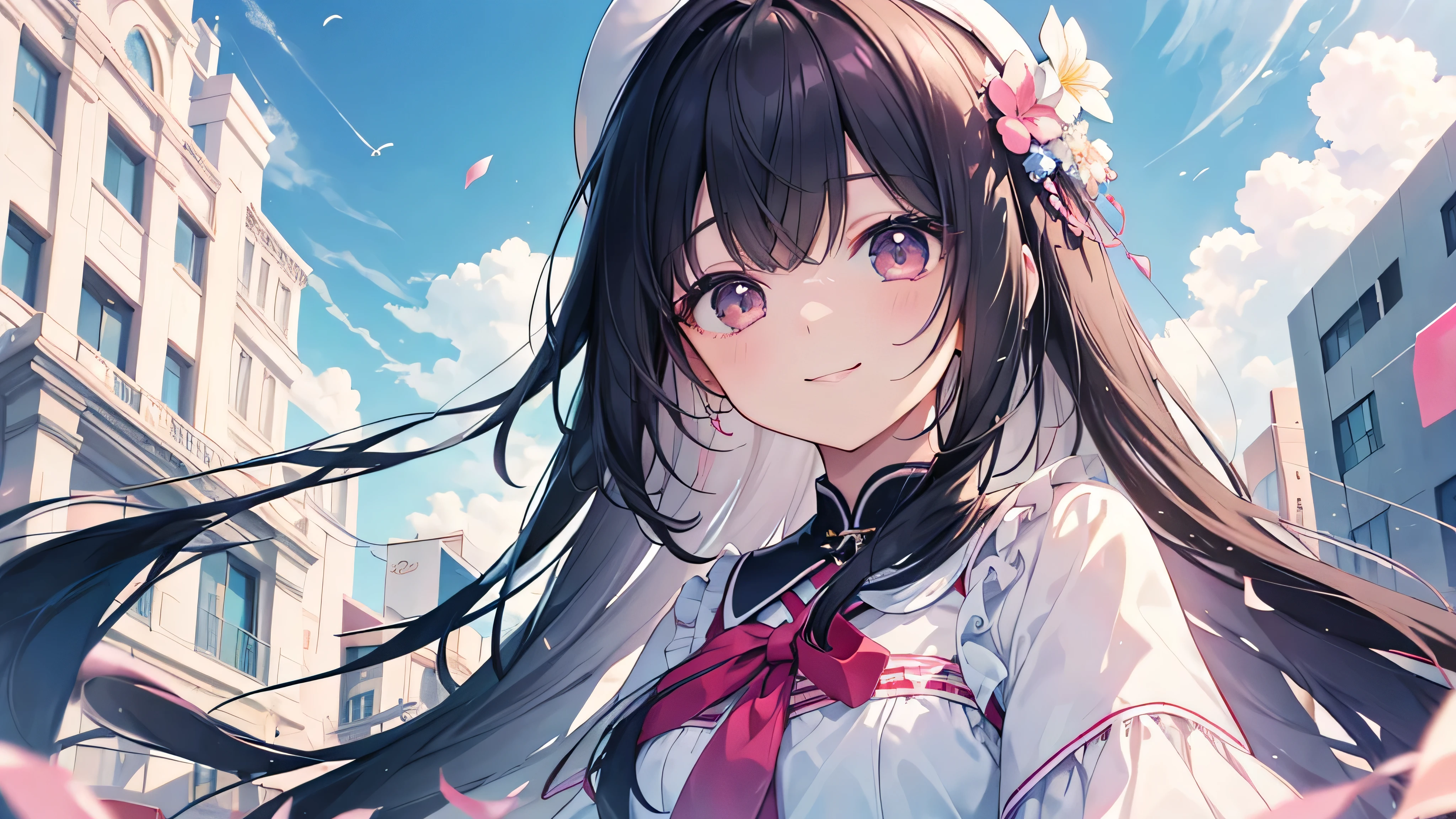 high school girl,(Highest quality、masterpiece、Super fine、Super fine、Exquisite、16k、Full HD) 、((Big Move,happy,fun))mysterious、(((Angle looking up from below))),Black Hair,Soft sunlight、((Clear skies)) 、smile、(Full of energy)Black Eyes、Long eyelashes、White skin、Pale pink lips、Pale pink cheeks、thin and long)、 ((cute)) ((one person)), ((Best smile)),
