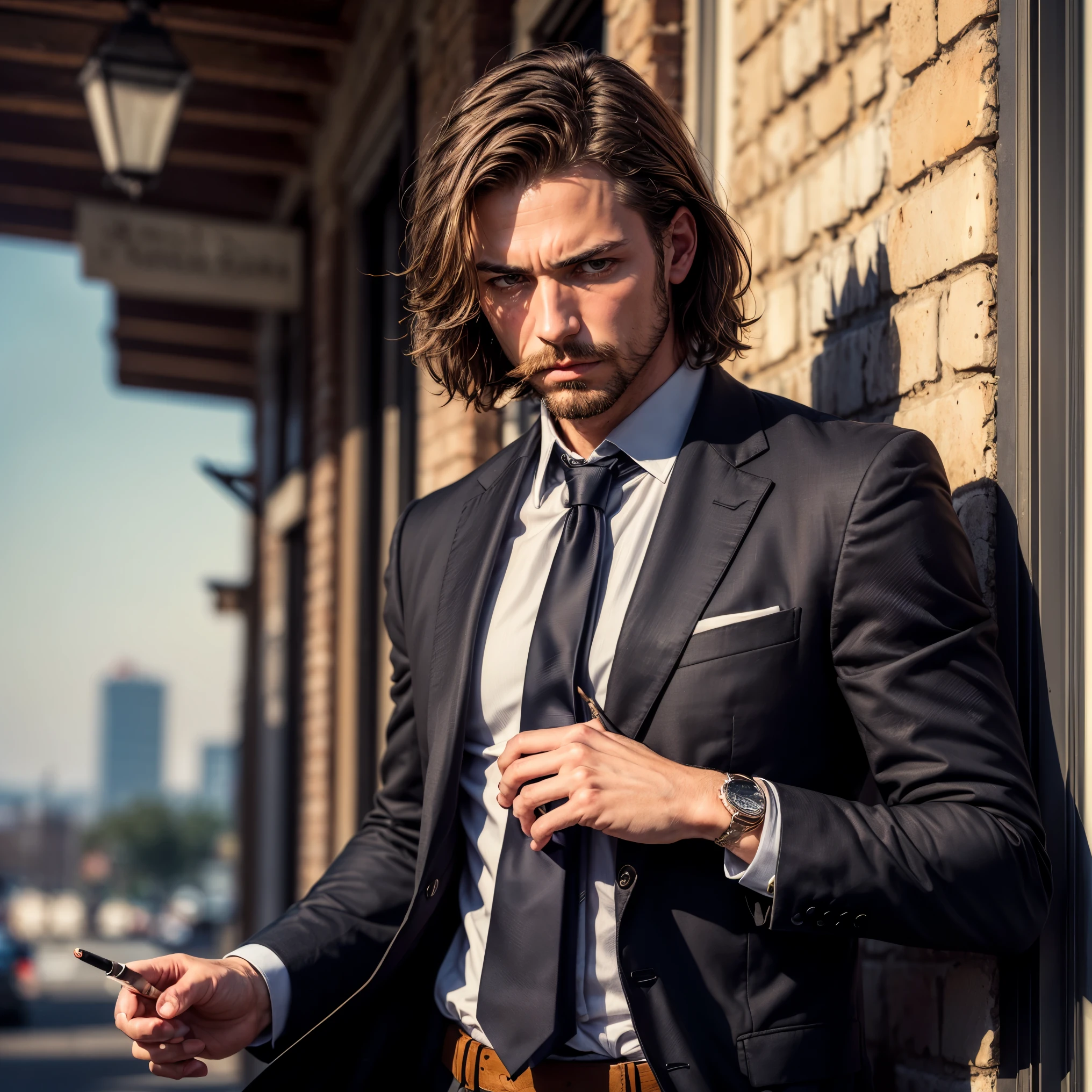 (masterpiece, best quality:1.4), portrait Solo, 40 YEARS man, ((((untied tie)))), (unsecure tie), black tie, loose, slack, dark brown medium hair, dark hair, ((shoulder-length hair)), wavy hair, beard, european, brown eyes, serious eyes, black suit, tired eyes, unbutonned shirt, leaving work, smoking a cigarette