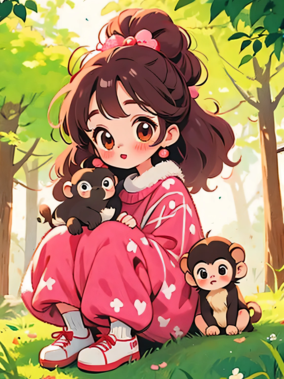 Momoko Sakura style, Kawaii Design, The most beautiful girl of all time、Chibi, monkey, playing、monkey Forest