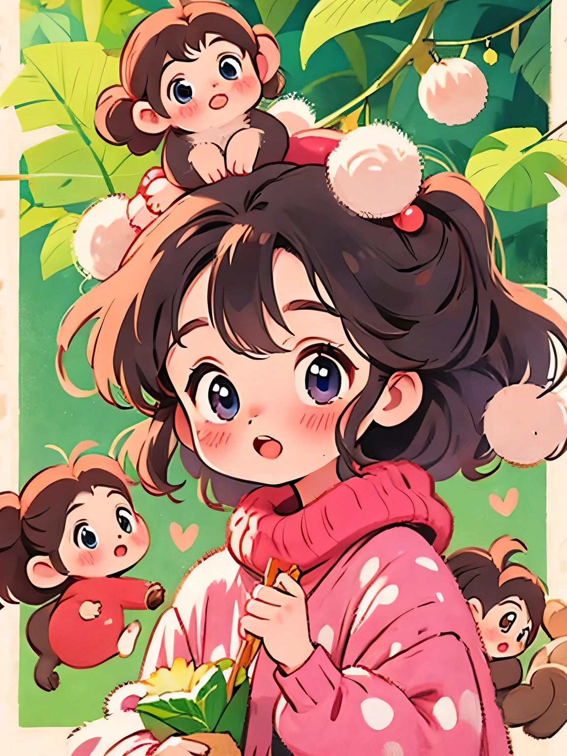 Momoko Sakura style, Kawaii Design, The most beautiful girl of all time、Chibi, monkey, playing、monkey Forest