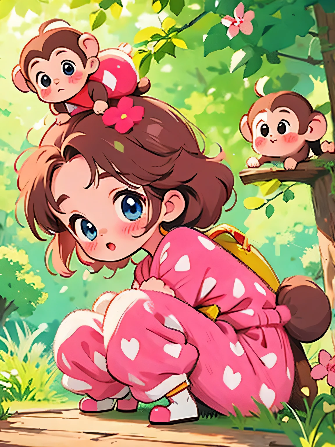Momoko Sakura style, Kawaii Design, The most beautiful girl of all time、Chibi, monkey, playing、monkey Forest