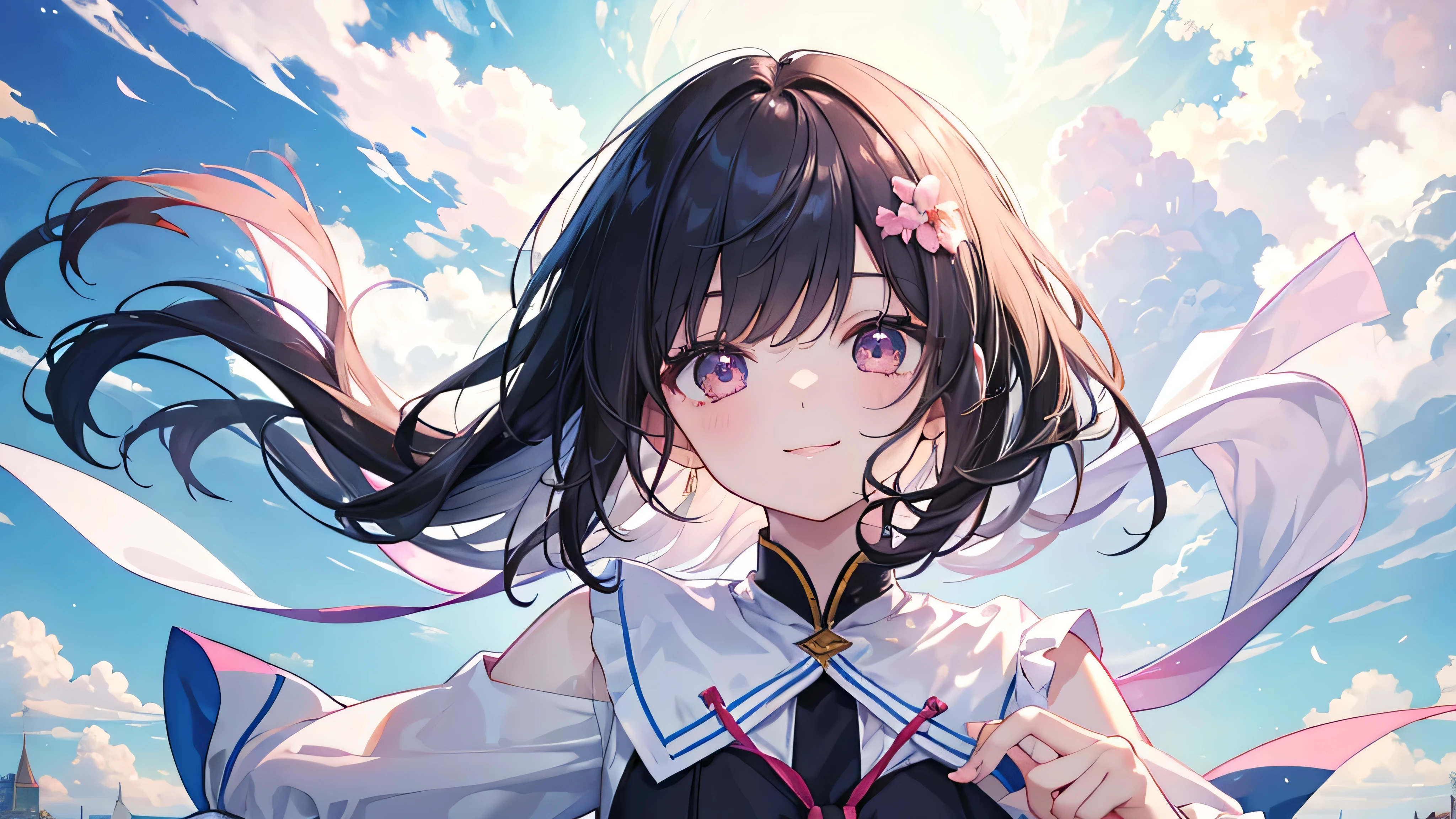 high school girl,(Highest quality、masterpiece、Super fine、Super fine、Exquisite、16k、Full HD) 、((Big Move,happy,fun))mysterious、(((Angle looking up from below))),Black Hair,Soft sunlight、((Clear skies)) 、smile、(Full of energy)Black Eyes、Long eyelashes、White skin、Pale pink lips、Pale pink cheeks、thin and long)、 ((cute)) ((one person)), ((Best smile)),