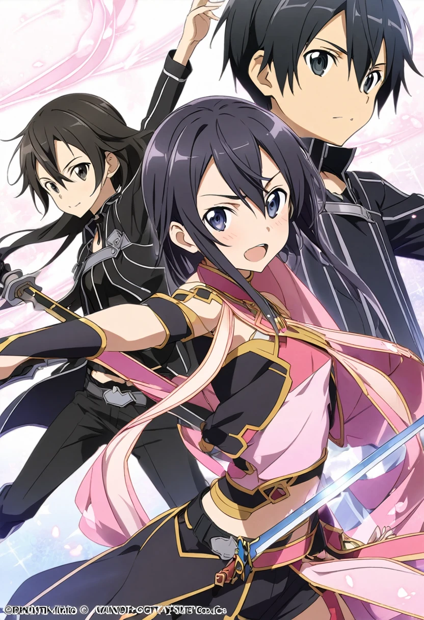 Sword Art Online Kirito, Pink egyptian dancer's clothing, blushing and smiling, brown skin, long black hair, standing alone in the dance hall, big breasts breast enlargement breasts looking into the camera
