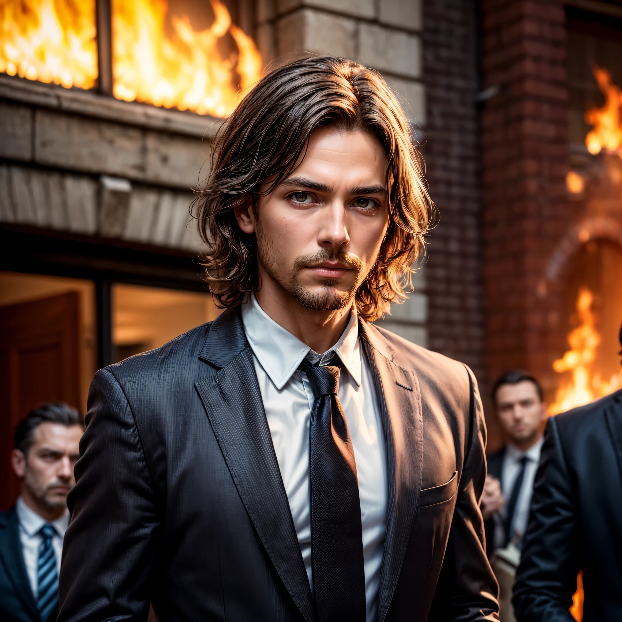 (masterpiece, best quality:1.4), portrait Solo, 50 YEARS man, ((((untied tie)))), (unsecure tie), black tie, loose, slack, dark brown medium hair, dark hair, ((shoulder-length hair)), wavy hair, beard, european, brown eyes, serious eyes, black suit, tired eyes, unbutonned shirt, leaving work, hell background, fire