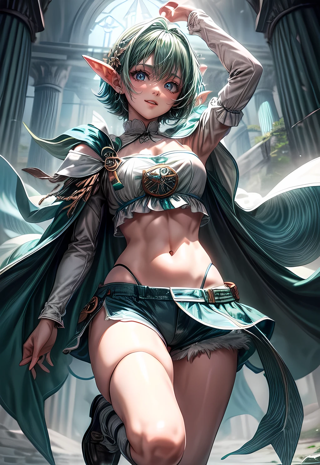 Solo，Absurd resolution、hight resolution、(​masterpiece:1.4)、ultra-detailliert、(Detailed finger),(One Elven Woman)、beautiful detailed women、adult lady,Lovely smile,A detailed face、clear and beautiful, Character as the main point of view, Radiant skin, Girls, femele, young, (blue green hair)、,(Medium aquamarine color hair:1.6),(Habitual hair、short-cut)、(blue green hair:1.6),kawaii、beautiful countenance、beautidful eyes,((thief))、Fantasy costume,Original Character,、((thief)),(White cloak:1.3),((Costumes of medieval Europe)),,(Colossal tits:0.7), (croptop:1.5), (Holter shoulder:1.3),(shortpants:1.3),(Cape:1.3),(Facing:1.2),(Full body portrait),(Standing:1.3),(shoes on),Simple background、((white backgrounid))