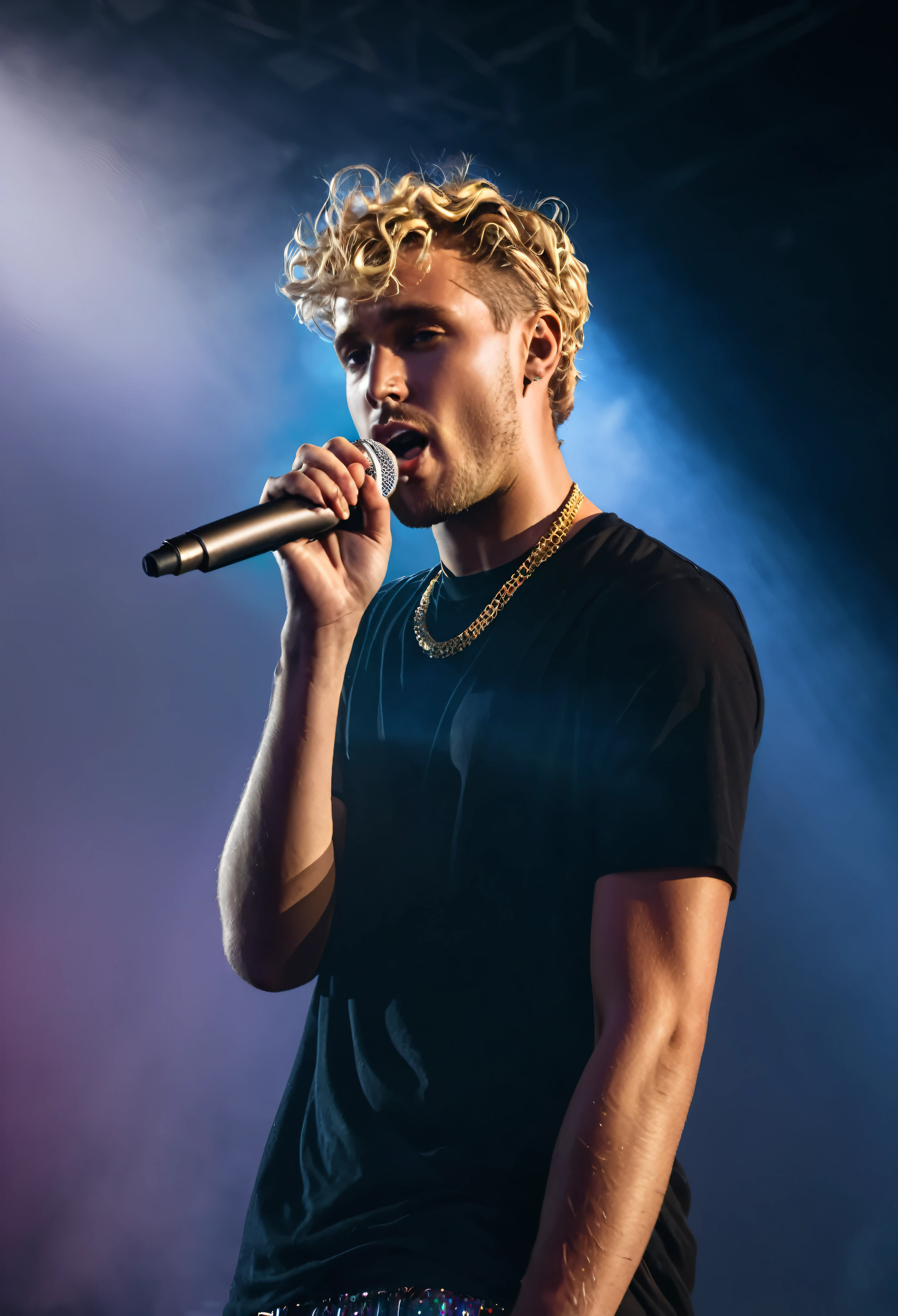 masterpiece, photographic art, photorealistic, precise focus, brilliant details, half-body picture, man, striking face, blond wavy short hair, short beard, european guy, rapper, performing on stage, stage light, band, audience, fog, backlight, colorful light