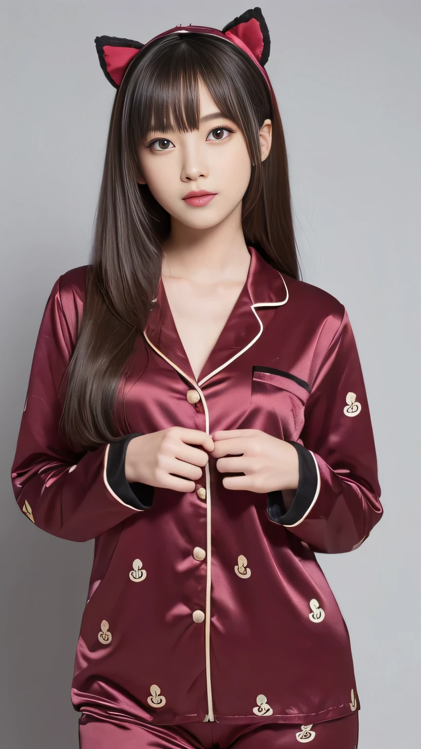 Kigurumi Costume Pajamas、Sexy Big 、A cute  with a sexy and cute look, beautiful and sexy face、A strong wind blows my hair in front of my face、With straight blonde hair、beautiful, Cute and sexy eyes hidden behind long bangs、Costume pajamas