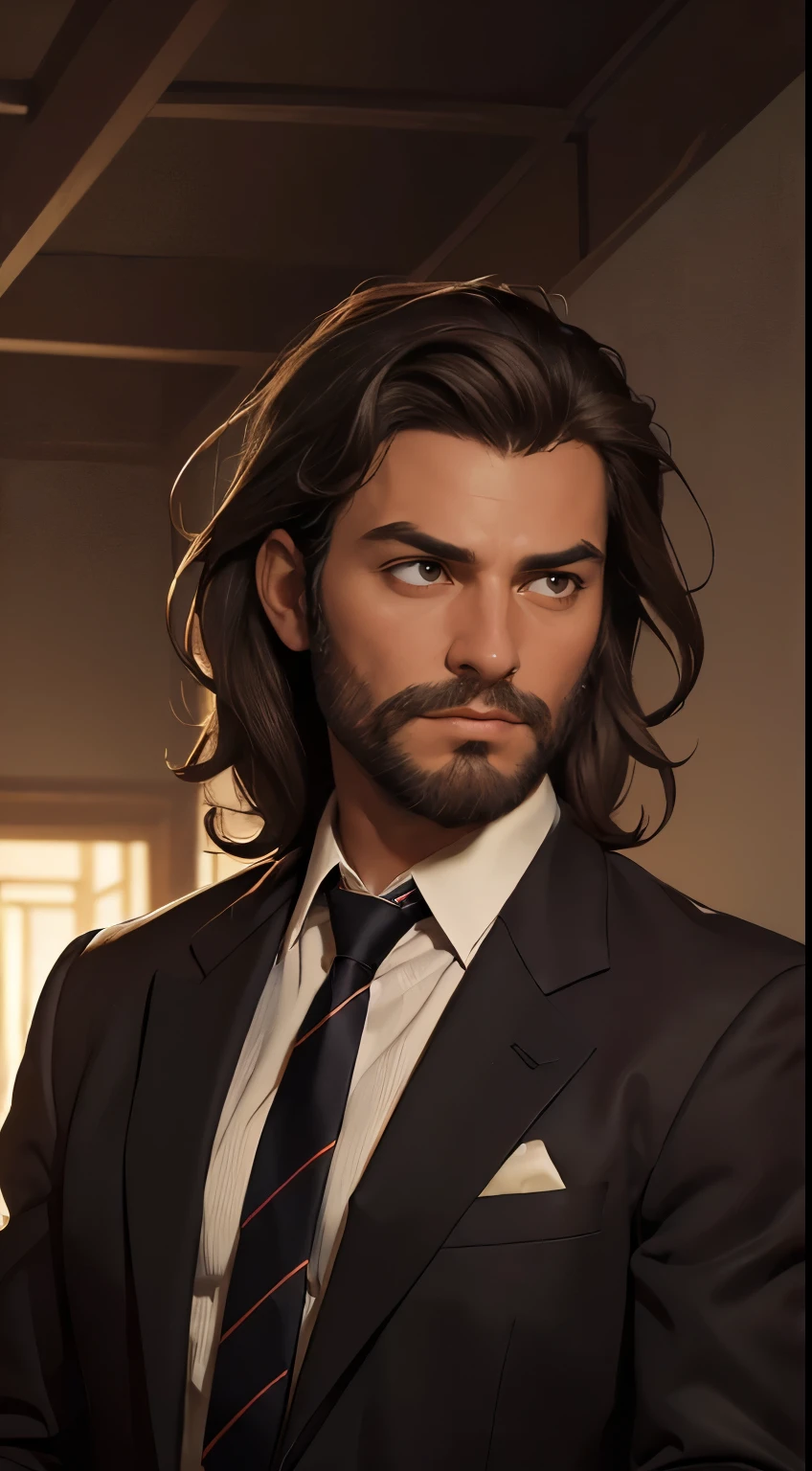 (masterpiece, best quality:1.4), portrait Solo, 50 YEARS man, ((((untied tie)))), (unsecure tie), black tie, loose, slack, dark brown medium hair, dark hair, ((shoulder-length hair)), wavy hair, beard, european, brown eyes, serious eyes, black suit, tired eyes, unbutonned shirt, leaving work, inferno background
