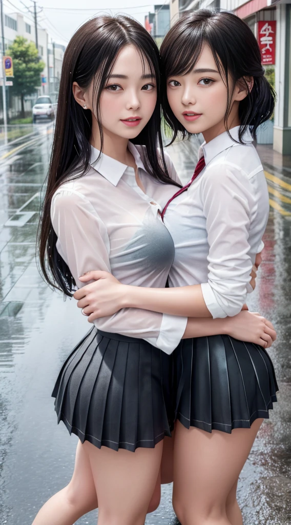 (8K, 超A high resolution, Best Quality, masutepiece:1.2),(18year old:1.2)、(Look away)、8K、RAW portrait of japanese girl、Photorealsitic、超A high resolution、top-quality、 (huge-breasted、Close all buttons on the shirt:1.4)(student clothes、Pure White Cutter Shirt、Check Pleated Mini Skirt:1.35)、(in a street:1.2) BREAK (Natural Skin Texture、Detailed skin、Hyper-Realism、ultra sharpness)、intricate detailes、depth of fields(Put a white shirt inside the skirt:1.3)、Show the armpits、Plaid Pleated Micro Mini Skirt(Black hair long straight、Shiny Leglack stockings:1.3)(Female duo、Two women hugging each other、Two women touching each other's breasts:1.4)(rainy day、rain is falling、Rain-drenched body:1.4)