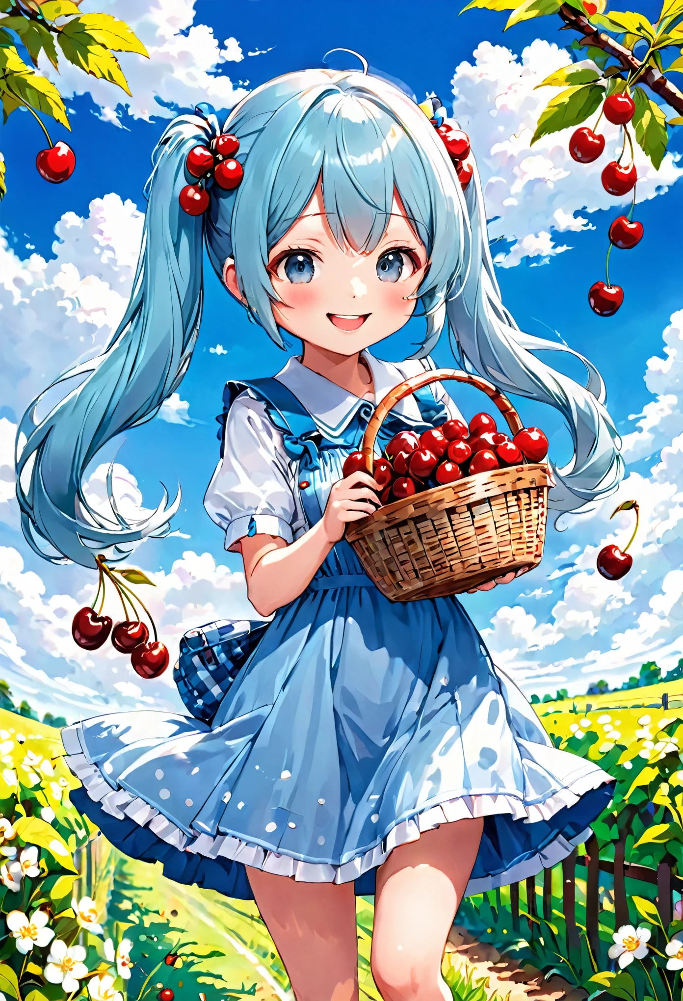 Light blue long hair、Beautiful girl with twin tails、With Chibi Characters、A happy smile、Cherry Field、Cherry picking with a basket in hand、Clear blue sky、White cloud、Cherry Field、Lots of big cherries