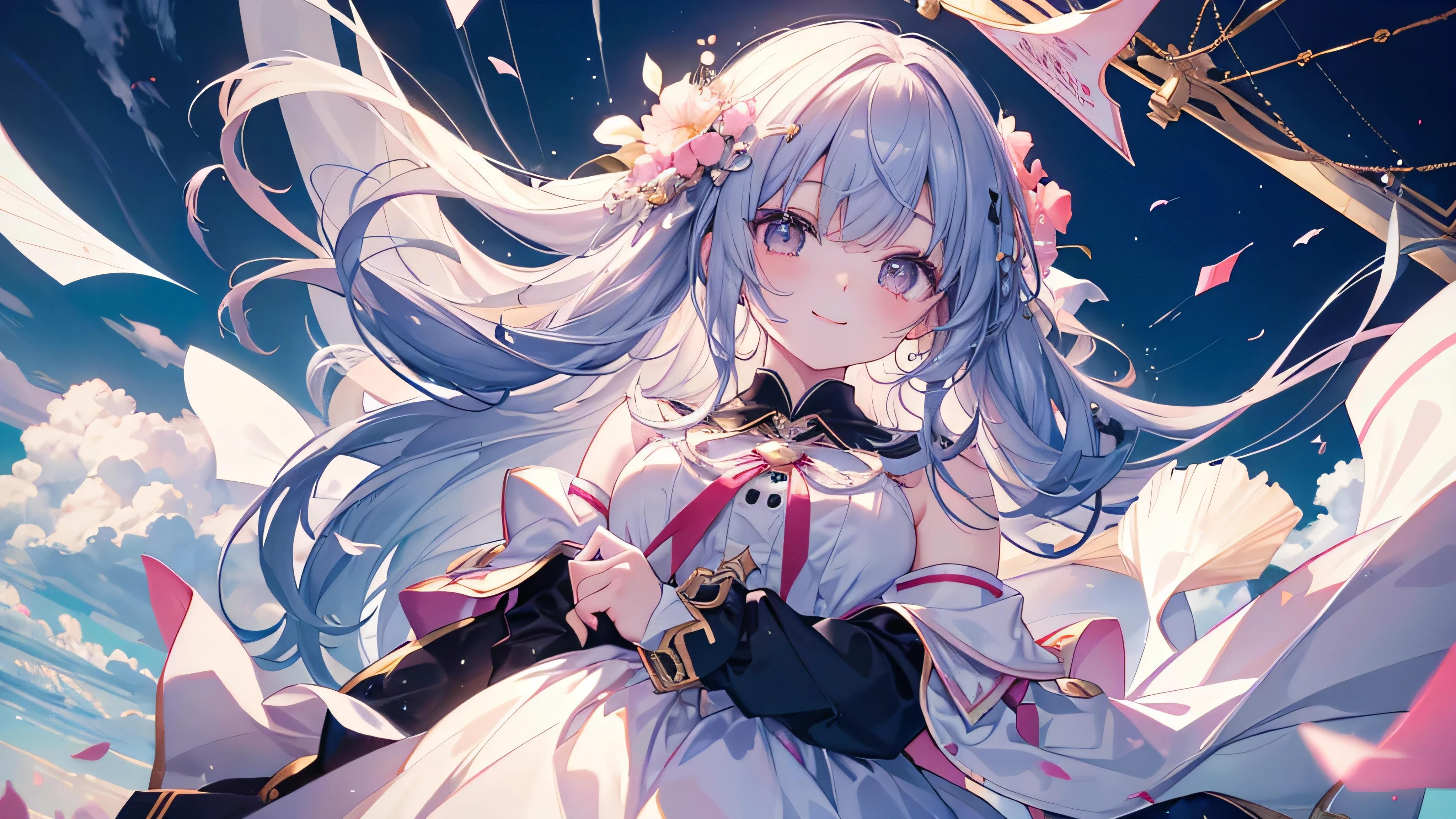 high school girl,(Highest quality、masterpiece、Super fine、Super fine、Exquisite、16k、Full HD) 、((Big Move,happy,fun))mysterious、(((Angle looking up from below))),Black Hair,Soft sunlight、((Clear skies)) 、smile、(Full of energy)Black Eyes、Long eyelashes、White skin、Pale pink lips、Pale pink cheeks、thin and long)、 ((cute)) ((one person)), ((Best smile)),