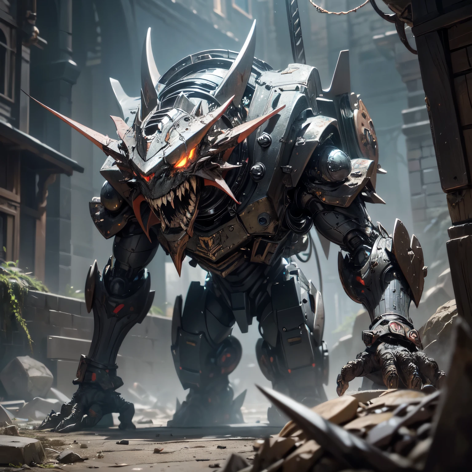 A next-gen Transformers dragon, highly detailed, sci-fi, Mining Shield Aegis Platinum Robot, steampunk automaton, dark mechanisms, Aberrant Flail Weapon, nightmarish creation, ready for action, grotesque monstrosity, twisted tentacles, sharp tusked teeth, projecting lethal blades, adorned with manic eyes, stitched human arms, writhing serpents, chained but displaying madness and insanity, disturbing glowing eyes, damp stone walls, oppressive silence, cursed relic, unleash destruction, concept art, cinematic lighting, epic dramatic, 8K, photorealistic, hyper detailed