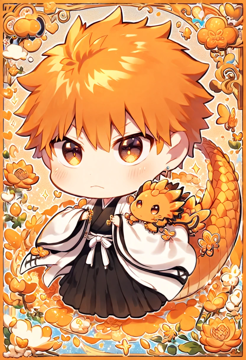 absurdres, highres, ultra detailed, HDR, master piece, best quality, Kurosaki Ichigo chibi, orange hair, expressive brown eyes, bleach, cute, hugging a orange dragon, white haori, black kimono, patterns, magical, fantasy, orange background, orange lotus, shining, orange petals, orange glittering butterflies