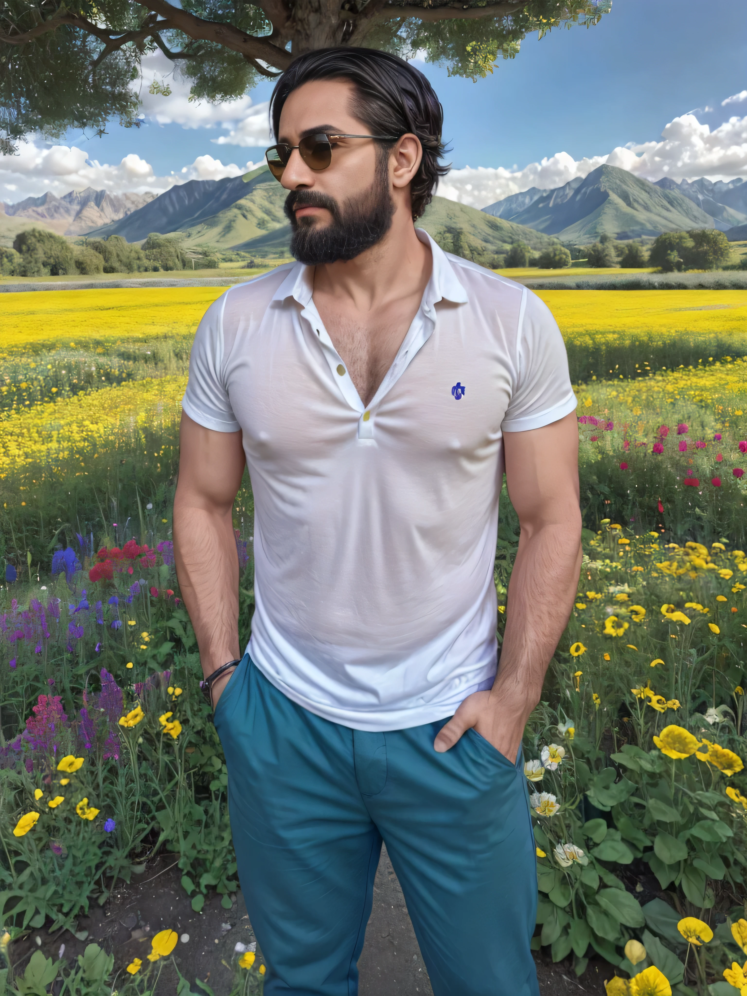 On a sunny spring day, a 38 year old man stands in a vibrant field of wildflowers. Tiene una barba bien cuidada y lleva unos elegantes lentes de sol oscuros. His checkered shirt in shades of blue and white is slightly unbuttoned at the neck., revelando una camiseta blanca debajo. El viento agita suavemente su cabello oscuro, giving it a casual and relaxed look.

The environment is an explosion of colors with wildflowers in shades of yellow, red and purple covering the meadow. A su alrededor, tall green trees border the field and, en la distancia, Imposing mountains rise under a clear sky of intense blue with scattered white clouds.

La imagen muestra al hombre en un plano medio, focusing on your upper body while enjoying the scenery. He is standing with a relaxed posture, sus manos en los bolsillos de sus pantalones de mezclilla, and his expression reflects tranquility and satisfaction. Sunlight creates soft shadows and accentuates the bright colors of the flowers and their outfit, capturing a perfect moment of harmony with nature.