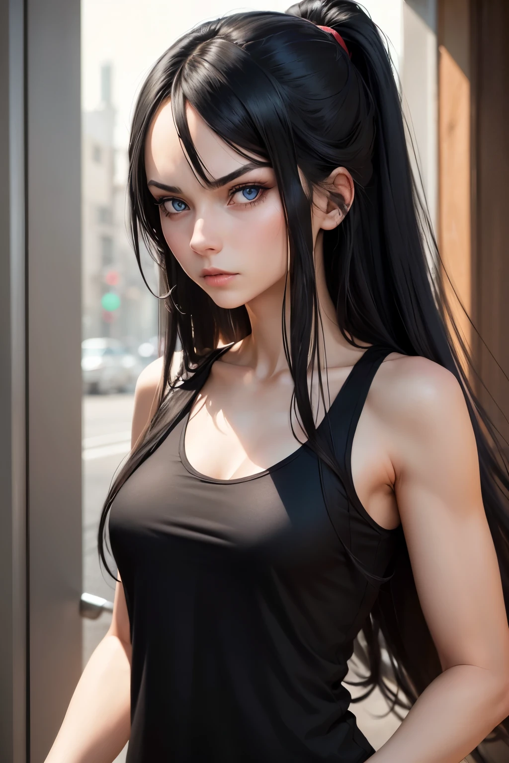 (woman with long black hair, dark blue eyes) (serious expression.) (black tank top) (trained)