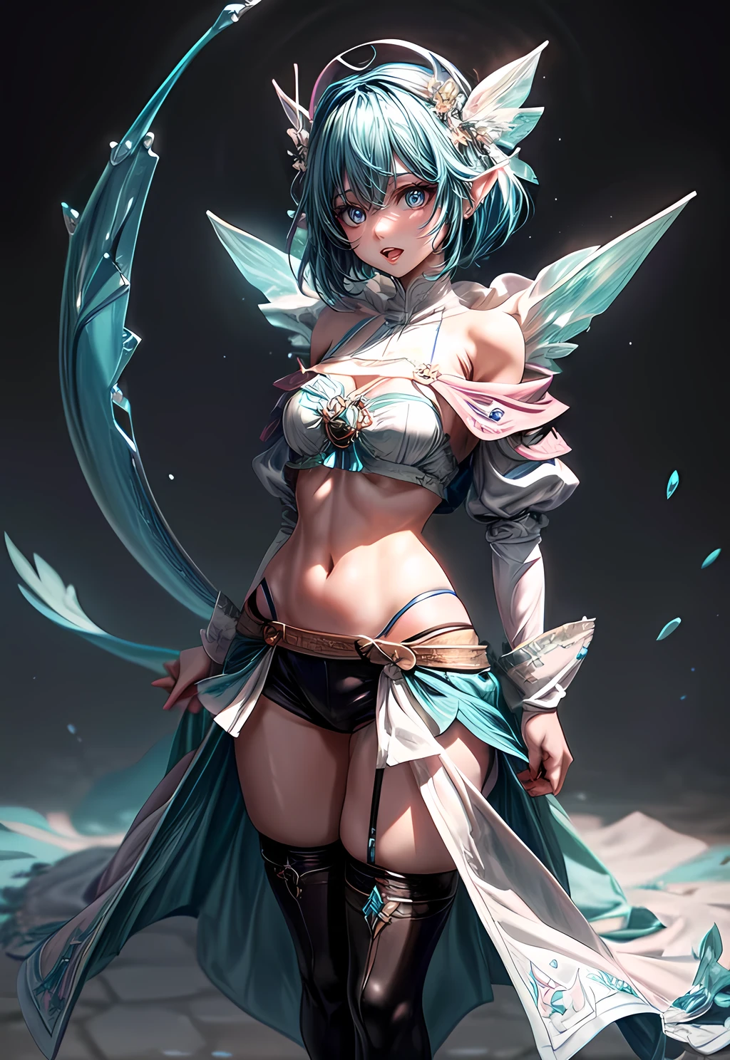 Solo,Absurd resolution、hight resolution、(masterpiece:1.4)、ultra-detailliert、(Detailed finger),(One Elven Woman)、beautiful detailed women、adult lady,Lovely smile,A detailed face、clear and beautiful, Character as the main point of view, Radiant skin, Girls, femele, young, (blue pink hair)、,(Medium aquamarine color hair:1.6),(Habitual hair、short-cut)、(blue pink hair:1.6),kawaii、beautiful countenance、beautidful eyes,((thief))、Fantasy costume,Original Character,、((thief)),(White cloak:1.3),((Costumes of medieval Europe)),,(Colossal tits:0.7), (croptop:1.5), (Holter shoulder:1.3),(shortpants:1.3),(Cape:1.3),(Facing:1.2),(Full body portrait),(Standing:1.3),(shoes on),Simple background、((white backgrounid))