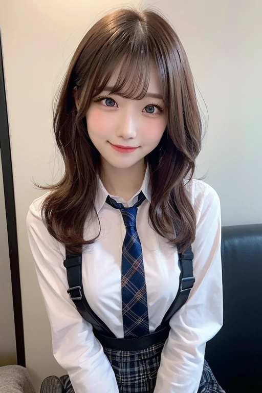 One girl, Hoshino (Blue Archive), alone, Heterochromia iridis, Pink Hair, skirt, Long Hair, tie, Ahoge, shirt, Hello, Plaid skirt, blue eyes, Plaid, Big Breasts,View Viewer, white shirt, Sitting, Orange eyes, chest Harness, Harness, Long sleeve, ID card, Open your mouth, very Long Hair, collared shirt, smile, blue tie, bangs, Between the legs, hand Between the legs, blush, Hair between the eyes, High resolution,masterpiece, highest quality,Adjusting the Finger Ratio