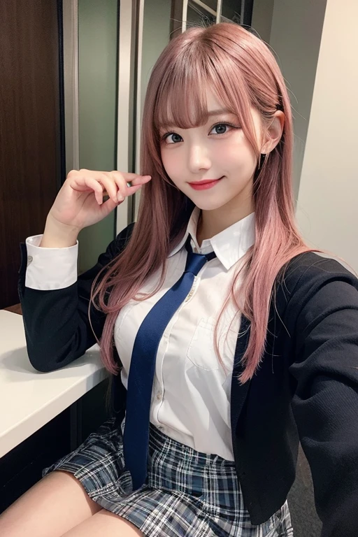 One girl, Hoshino (Blue Archive), alone, Heterochromia iridis, Pink Hair, skirt, Long Hair, tie, Ahoge, shirt, Hello, Plaid skirt, blue eyes, Plaid, Big Breasts,View Viewer, white shirt, Sitting, Orange eyes, chest Harness, Harness, Long sleeve, ID card, Open your mouth, very Long Hair, collared shirt, smile, blue tie, bangs, Between the legs, hand Between the legs, blush, Hair between the eyes, High resolution,masterpiece, highest quality,Adjusting the Finger Ratio