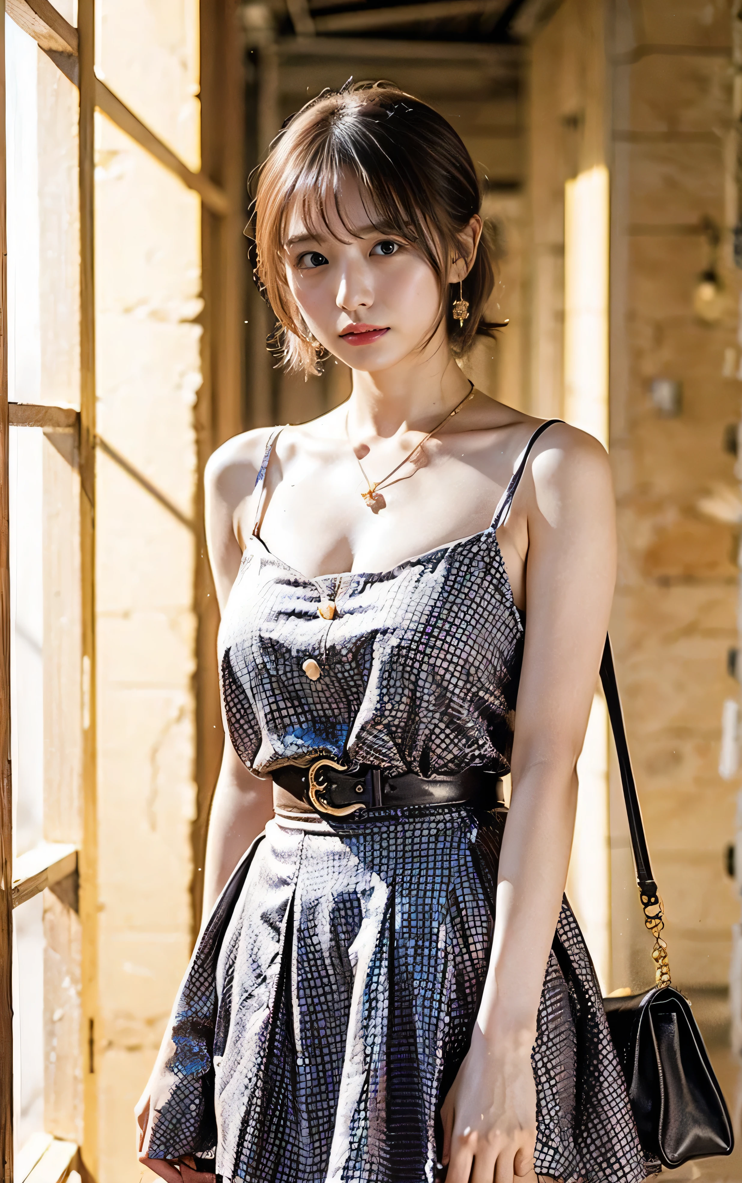 Visit Venice、The sun is dazzling、choker、Holding a white puppy。((light beige hair color、Side Ponytail:1.4))、Checked Skirt、No sleeve、Outdoor Shot、Cute clothes、Tie your hair up、cream hair color、Leather Belt、Her huge breasts are obvious even from her clothes.、Small earrings、Light brown hair color、Tie your hair up:1.4))、Shiny Hair、Light beige hair color、Background Blur、Braid only the front hair、Light brown hair、{{Cowgirl Shot}}、((Close-up shot from the waist up、Big Breasts:1.4))、Big Breasts、Smile、Silk clothing、Big Breasts that can be seen even through clothes、Braid only the front hair、Cowboy Shot、A luxurious white collared silk shirt and a checked skirt、Elegant attire、Luxury Bags、A lovely smile、((Skimpy clothing))、Full body photo、ring、Short skirt、Tuck your hair behind one ear、Silver Necklace、smile、 Elegant ponytail、Caustics、Highly detailed photos、Very beautiful and ideal medium short hair、Big Breasts、Super no makeup、(8k、RAW Photos、highest quality、masterpiece:1.2)、(Realistic、Realistic)、1 girl、((Big Breastedium Short Hair、Looking into the camera:1.4))、Hair blowing in the wind