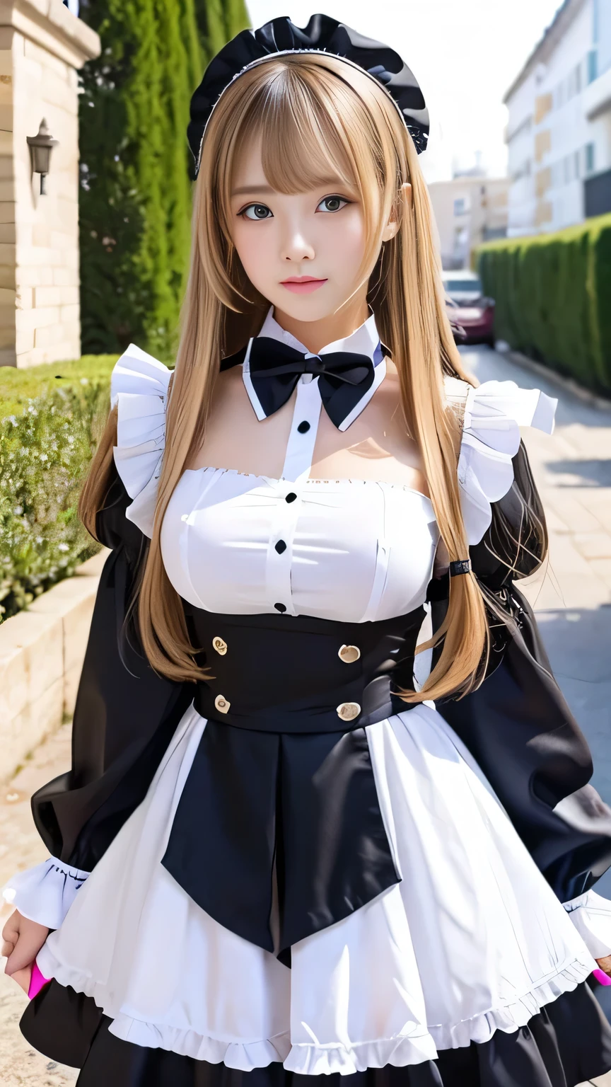Sexy Big 、A cute 15-year-old girl with a sexy and cute look, beautiful and sexy face、A strong wind blows my hair in front of my face、With straight blonde hair、beautiful, Cute and sexy eyes hidden behind long bangs、Sexy maid outfit