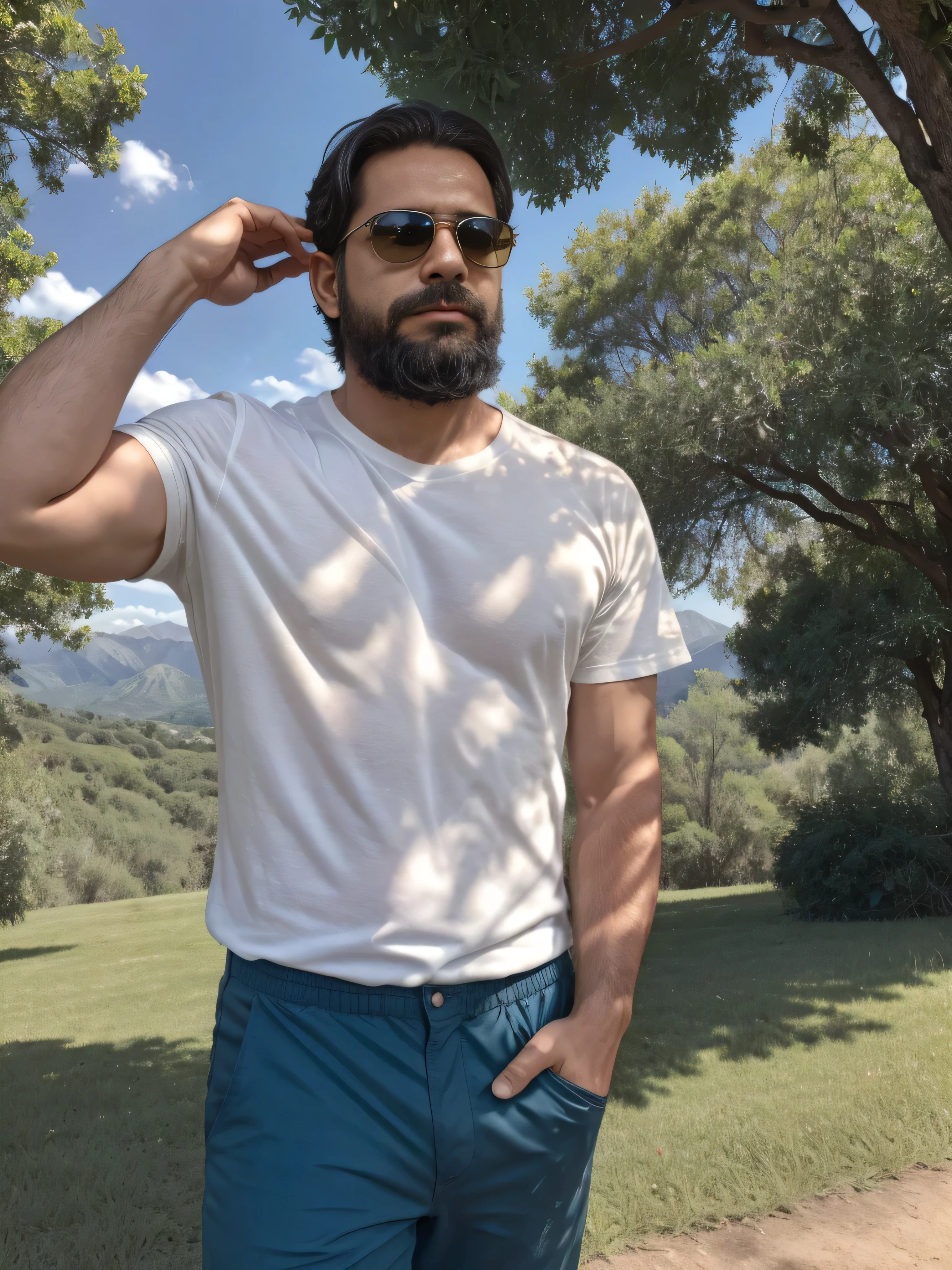 on a sunny day, en medio de un prado verde, A 38-year-old man stands out with his well-groomed beard and dark sunglasses that reflect the glare of the day. Lleva una camisa de cuadros en tonos de azul y blanco, ligeramente desabotonada en el cuello, dejando entrever una camiseta blanca. Su cabello oscuro, un poco despeinado por la brisa, adds a touch of casualness to your style.
The surrounding environment is full of life: flores silvestres en diversos colores salpican el prado, and tall trees with green leaves stretch on the horizon. A lo lejos, majestic mountains can be seen under a clear blue sky with some fluffy white clouds.
The man is captured in a medium shot, mostrando claramente la parte superior de su cuerpo. His hands are relaxed at his sides, and his expression is serene, como si estuviera disfrutando de la tranquilidad del paisaje. The afternoon sunlight bathes the scene, creando sombras suaves y resaltando los colores vivos de la naturaleza y su atuendo. The image conveys a feeling of peace and connection with the natural environment.