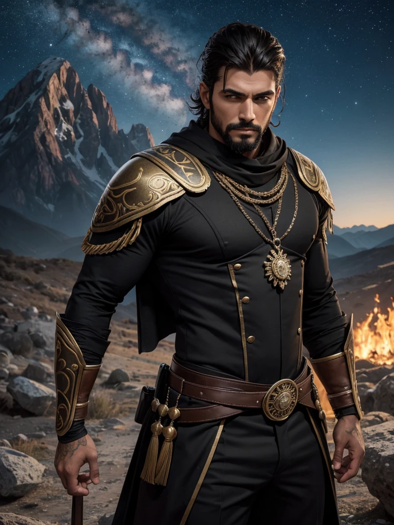 Hombre guerrero con Alas membranosas. Ojos avellanas. Pelo a los hombros.  Musculoso. Hd. 4k. Traje de combate de cuero ????? parte de cuerpo descubierto. Cara angulosa. Hombre Imponente. In the background three-pointed mountain. Noche estrellada. Hombro anchos. Mosculatura marcada. 