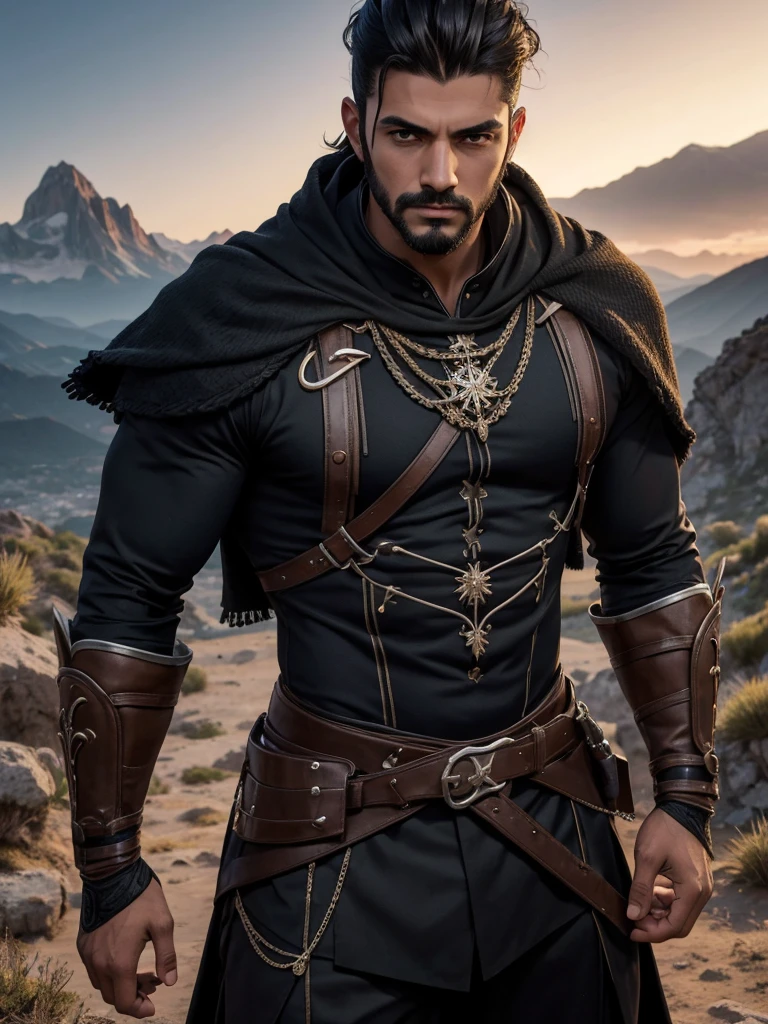 Hombre guerrero con Alas membranosas. Ojos avellanas. Pelo a los hombros. Musculoso. Hd. 4k. Traje de combate de cuero negro parte de cuerpo descubierto. Cara angulosa. Hombre Imponente. In the background three-pointed mountain. Noche estrellada. Hombro anchos. Mosculatura marcada.