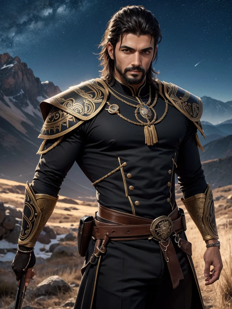 Hombre guerrero con Alas membranosas. Ojos avellanas. Pelo a los hombros. Musculoso. Hd. 4k. Traje de combate de cuero negro parte de cuerpo descubierto. Cara angulosa. Hombre Imponente. In the background three-pointed mountain. Noche estrellada. Hombro anchos. Mosculatura marcada.