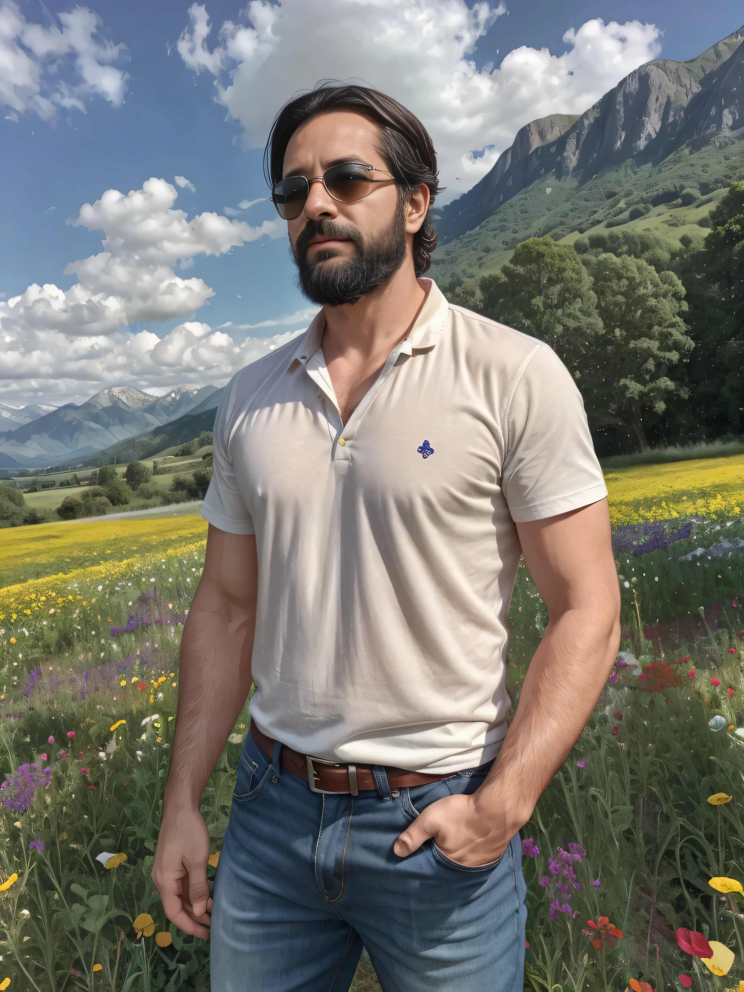 In a sunny spring day, a 38-year-old man stands in a vibrant field of wildflowers. He has a well-groomed beard and wears stylish dark sunglasses. His blue and white checkered shirt is slightly unbuttoned at the collar, revealing a white T-shirt underneath. The wind gently tousles his dark hair, giving him a casual and relaxed appearance. The surroundings are bursting with colors, as wildflowers in shades of yellow, red, and purple cover the meadow. Tall green trees border the field, and in the distance, majestic mountains rise under a clear blue sky with scattered white clouds. The image captures the man in a medium shot, focusing on the upper part of his body as he enjoys the scenery. He stands with a relaxed posture, his hands in the pockets of his jeans, and his expression reflects tranquility and contentment. The sunlight casts soft shadows and highlights the bright colors of the flowers and his outfit, capturing a perfect moment of harmony with nature.