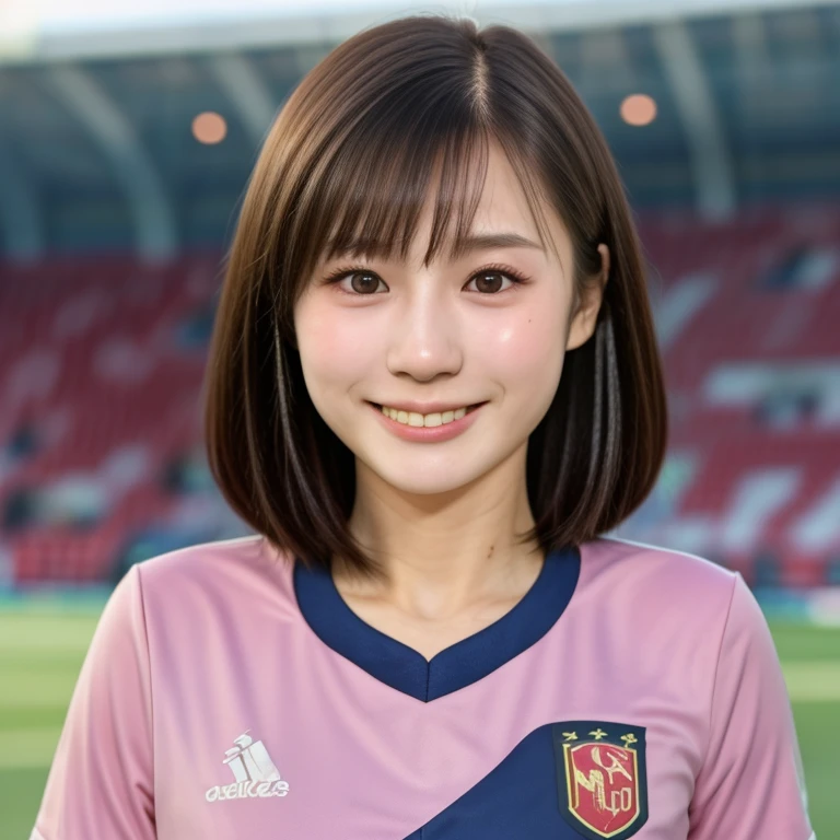 (kawaii 24 year-old Japanese girl, Nogizaka idol, Korean idol, soccer player), healthy female athlete body, glossy black hair, (very short hair, bangs:1.2), beautiful black eyes, rounded face, single eyelid, (no makeup:1.2), (big laughing), (soccer uniform:1.3), extra small breasts, BREAK, (soccer stadium background, summer sunlights:1.2), (dynamic angle, bust shot:1.2), BREAK, (masterpiece, best quality, photo realistic, official art:1.4), (UHD, 8K quality wallpaper, high resolution, raw photo, golden ratio:1.3), (shiny skin), professional lighting, physically based rendering, award winning, (highly detailed skin texture, extremely detailed face and eyes textures), Carl Zeiss 85 mm F/1.4, depth of field, (1girl, solo),
