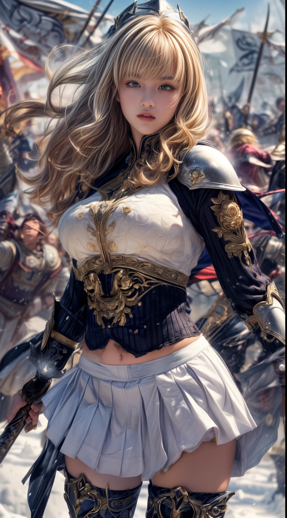 Very beautiful woman、Slender women、(Detailed face)、Realistic Skin、((Holy Knight)), ((Pearl White Armor))、((((A black armor with extremely detailed and intricate decoration.:1.1))))、((Delicate photo)),(Girl Astepeace RAW Photo Details:1.25), (Highest quality:1.6), (Ultra-high resolution:1.5), (Realistic:1.75), 8K resolution, Canon EOS R5, 50mm, Absurd, Super detailed,Cinema Lighting,((Fightfield))、((Fight))、(((White skirt with embellishments)))、Thigh-high socks、Shingard、((blonde))、((Curly Hair))、((Drill Hair))、((Short hair with bangs and wavy hair,))、Get a six pack、Cape、Beautiful Armor、(((Has a huge weapon)))、(In combat)、The wind is blowing、((Symmetrical armor))、((((Blizzard))))、(((Lead a large group of knights:1.2)))、banner、(((Battle Scenes)))、((Browsing Caution:1.2))、(((I can see her panties:1.4)))、、((Skirt lift in the wind))