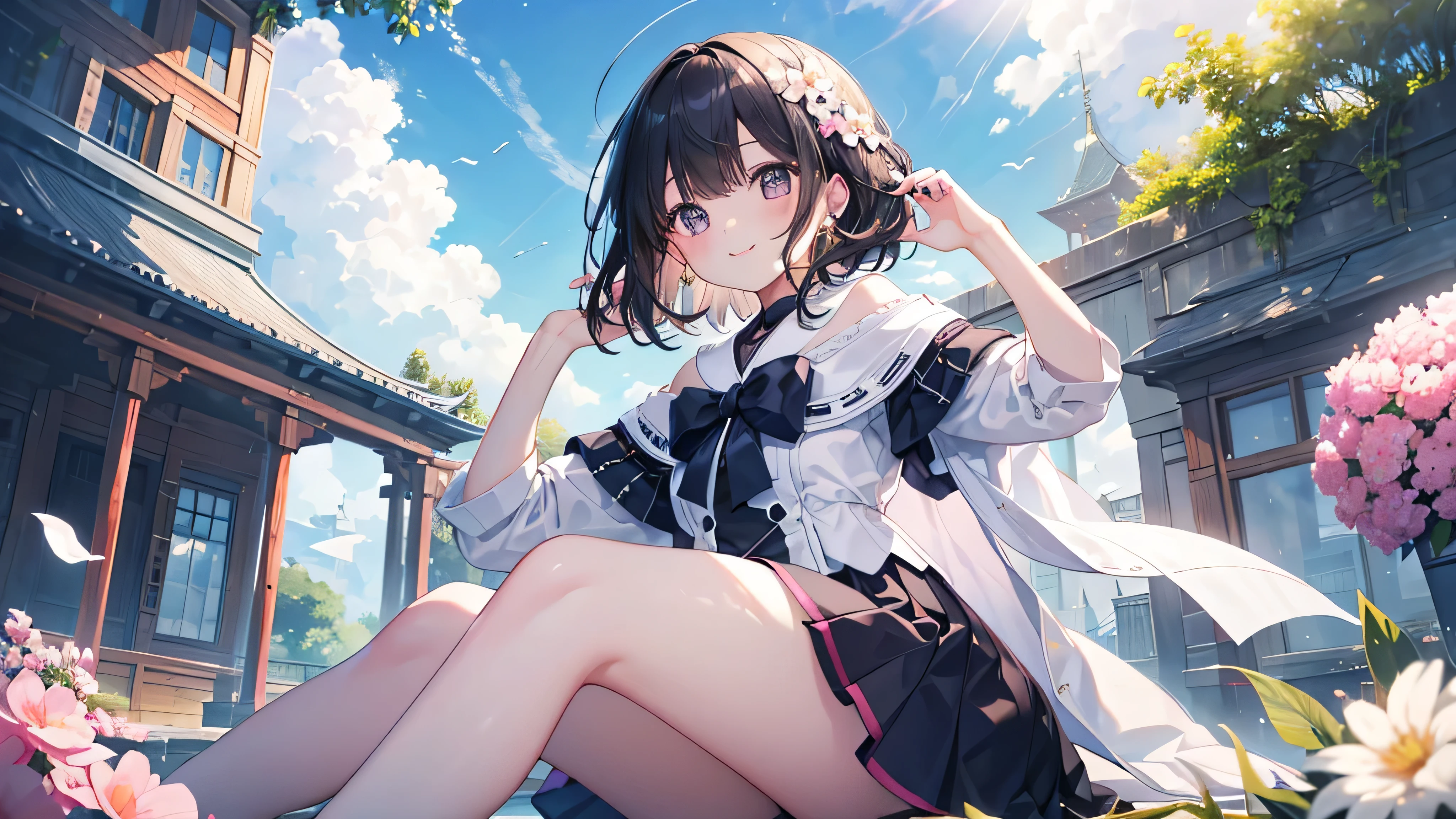 ((Sitting)),high school girl,(Highest quality、masterpiece、Super fine、Super fine、Exquisite、16k、Full HD) 、((Big Move,happy,fun))mysterious、(((Angle looking up from below))),Black Hair,Soft sunlight、((Clear skies)) 、smile、(Full of energy)Black Eyes、Long eyelashes、White skin、Pale pink lips、Pale pink cheeks、thin and long)、 ((cute)) ((one person)), ((Best smile)),