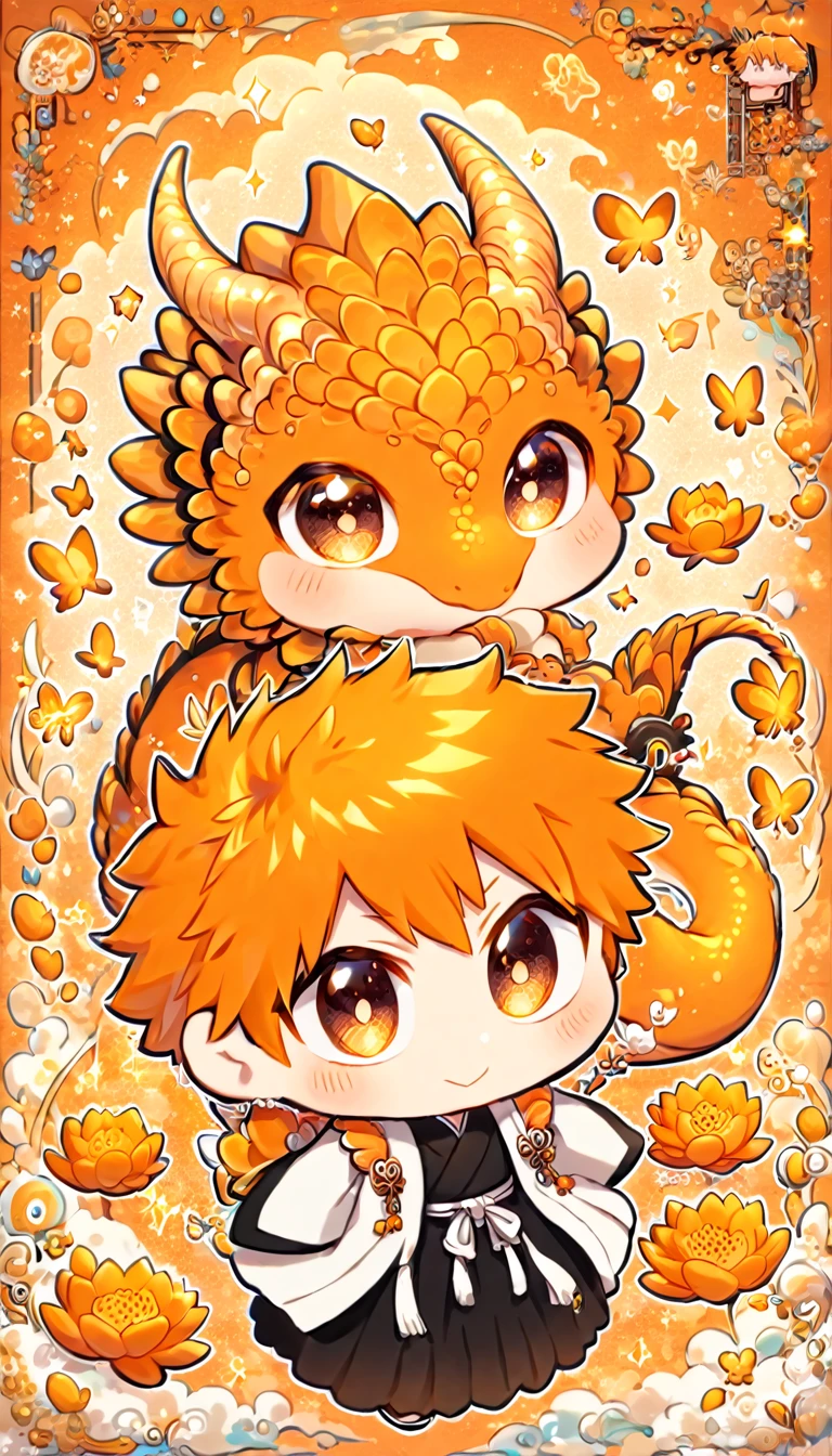 absurdres, highres, ultra detailed, HDR, master piece, best quality, Kurosaki Ichigo chibi, orange hair, expressive brown eyes, bleach, cute, hugging a orange dragon, white haori, black kimono, patterns, magical, fantasy, orange background, orange lotus, shining, orange petals, orange glittering butterflies