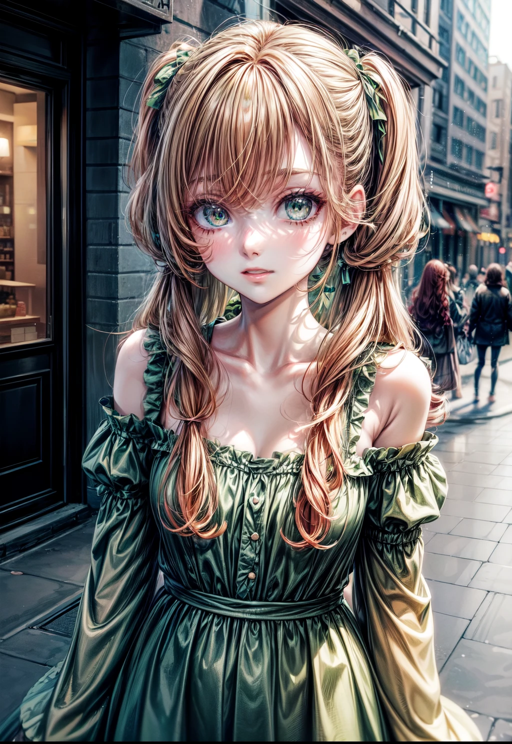 1 woman of 30 years old, {{{long ginger hair in twin pigtails}}}, {{{pale green eyes}}}, simple plain green dress, sleeves fall off the shoulder, cleavage, small smile, in a city sidewalk with neon lights, {best quality.}, {highr master piece.}, {{{medium close up.}}}, {facing viewer}