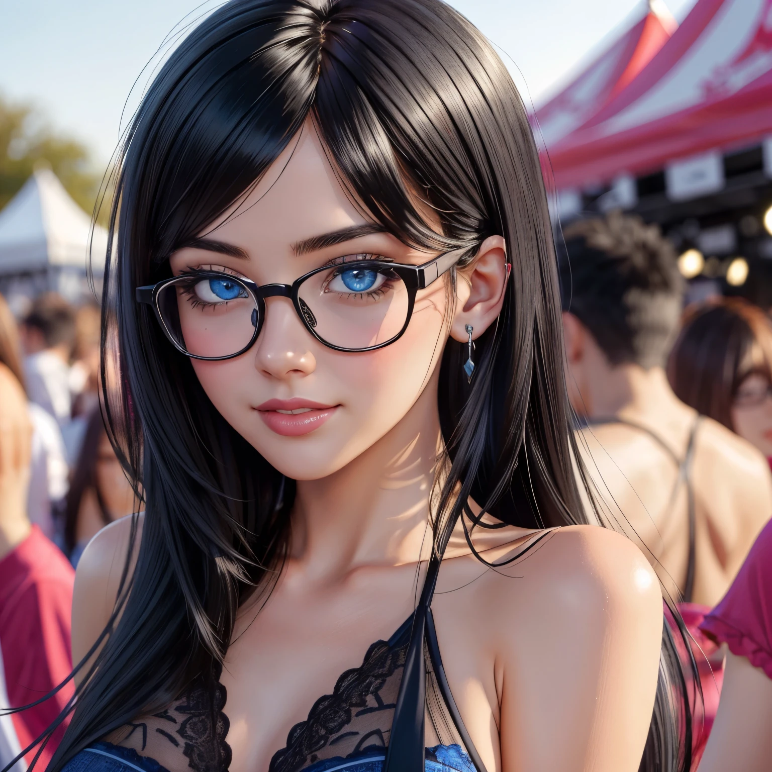 a girl in valentine's day waiting for her boyfriend showing her , sexy, ((detailed )), festival scenery, blue eyes, glasses, medium breasts, flirtatious, black straight hair, ((very detailed)), perfectly detailed face, detailed hand, photorealistic image.